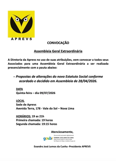 Convocação da Assembleia Geral Extraordinária do APREVS para 09 de julho de 2026, com ordem do dia sobre alterações do Estatuto Social