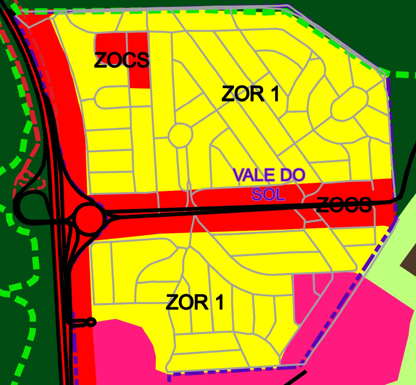 Recorte do Mapa de Zoneamento (Anexo X) do PL 2723/2026 sobre o bairro Vale do Sol, com o eixo ZOCS em forma de T e o polígono ZOCS isolado no bloco norte