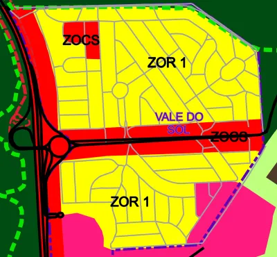 Recorte do Mapa de Zoneamento (Anexo X) do PL 2723/2026 sobre o bairro Vale do Sol, com o eixo ZOCS em forma de T e o polígono ZOCS isolado no bloco norte