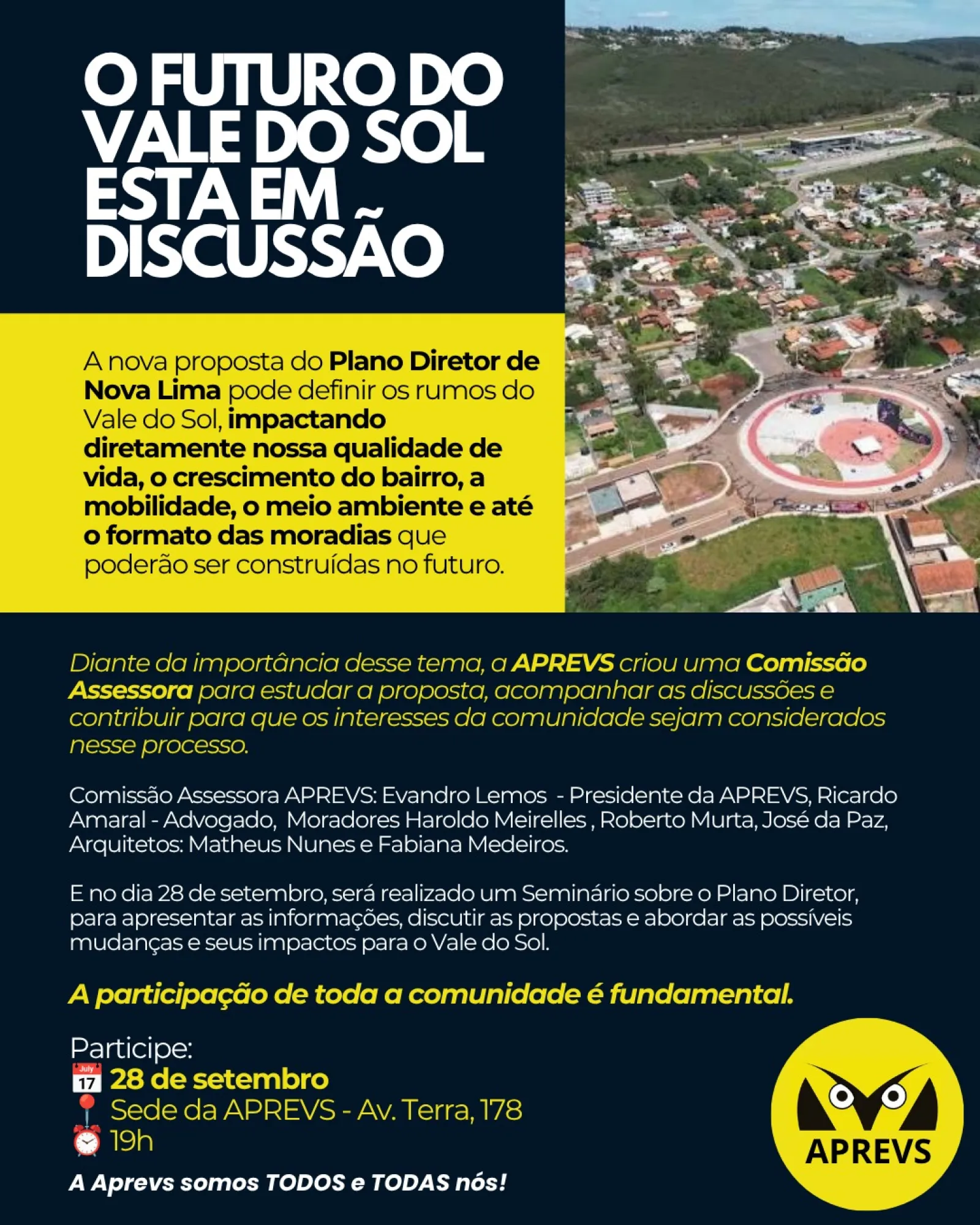 Cartaz da APREVS: O futuro do Vale do Sol está em discussão, com a Comissão Consultiva e o convite para o seminário de 28 de setembro.