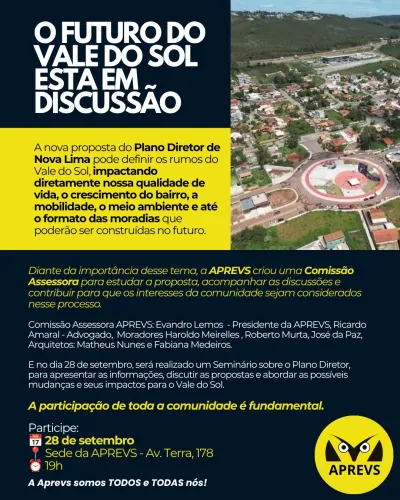 Cartaz da APREVS: O futuro do Vale do Sol está em discussão, com a Comissão Consultiva e o convite para o seminário de 28 de setembro.