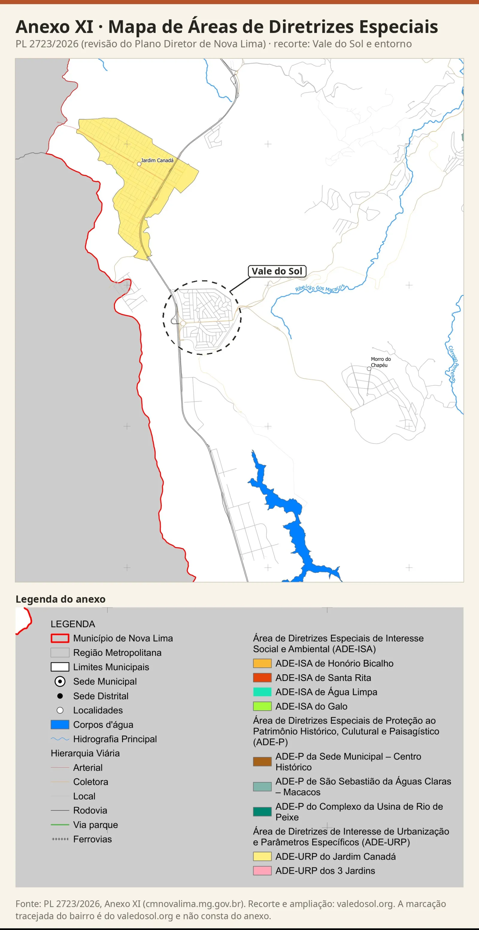 Recorte do Mapa de Áreas de Diretrizes Especiais: o Vale do Sol sem cor de ADE e, ao norte, a mancha amarela da ADE-URP do Jardim Canadá, com a legenda do anexo.