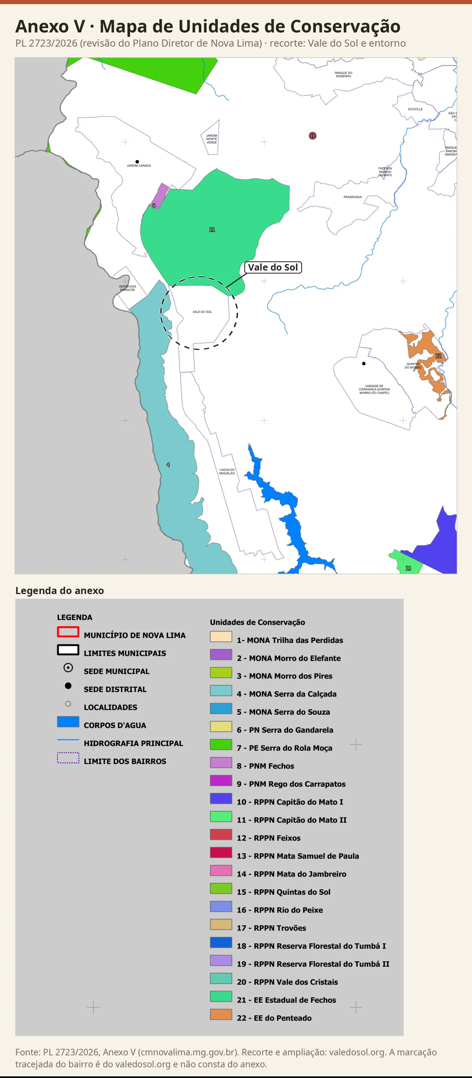 Recorte do Mapa de Unidades de Conservação: Estação Ecológica de Fechos em verde ao norte do Vale do Sol e o Monumento Natural Serra da Calçada em azul-esverdeado a oeste, com a legenda numerada do anexo.