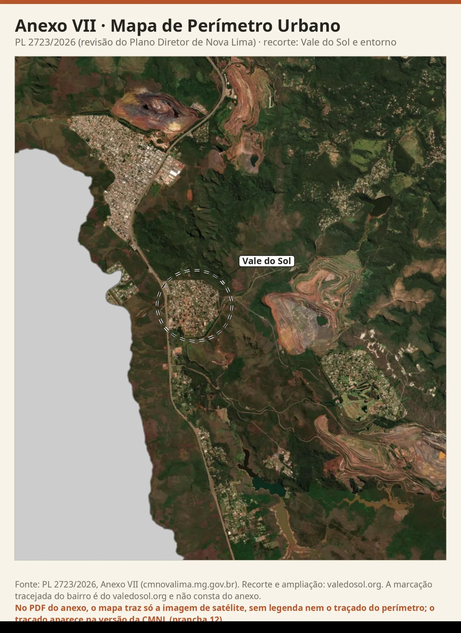 Recorte da imagem de satélite do Mapa de Perímetro Urbano, com a malha do Vale do Sol no centro, o Jardim Canadá ao norte e áreas de mineração em volta.