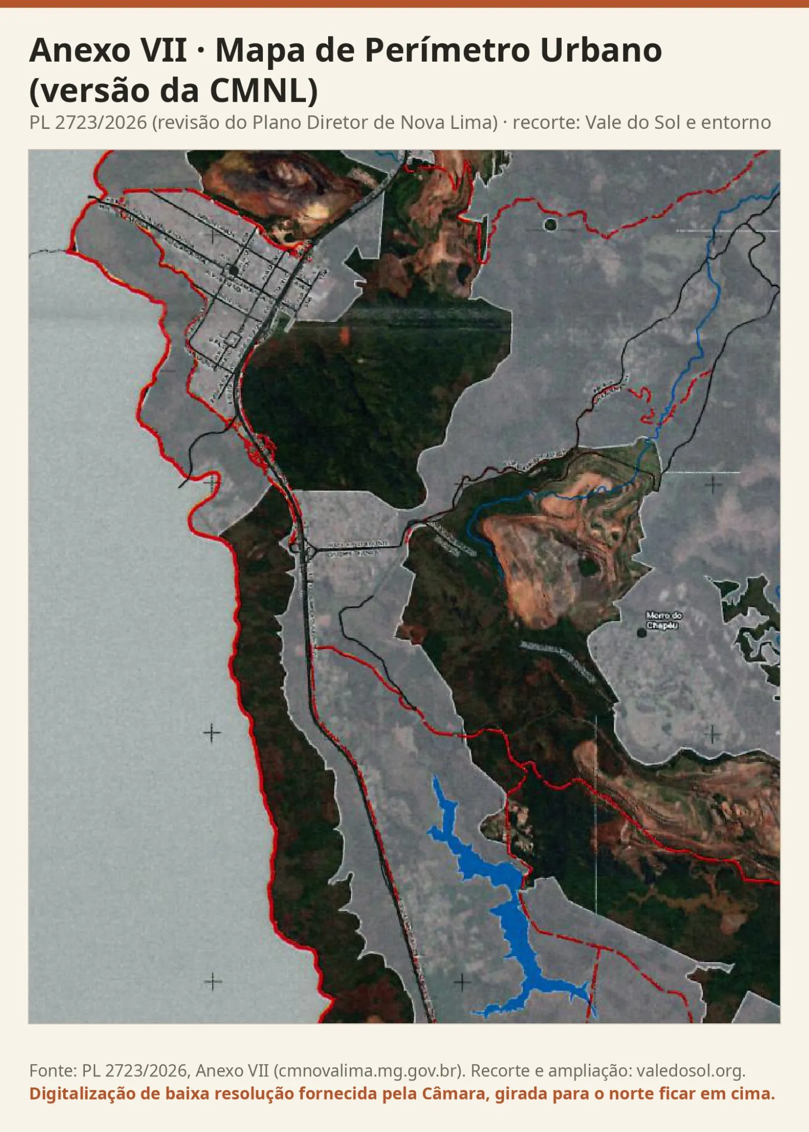 Recorte da versão da Câmara do Mapa de Perímetro Urbano, com linhas vermelhas do perímetro e áreas sombreadas sobre a imagem de satélite do Vale do Sol e entorno.