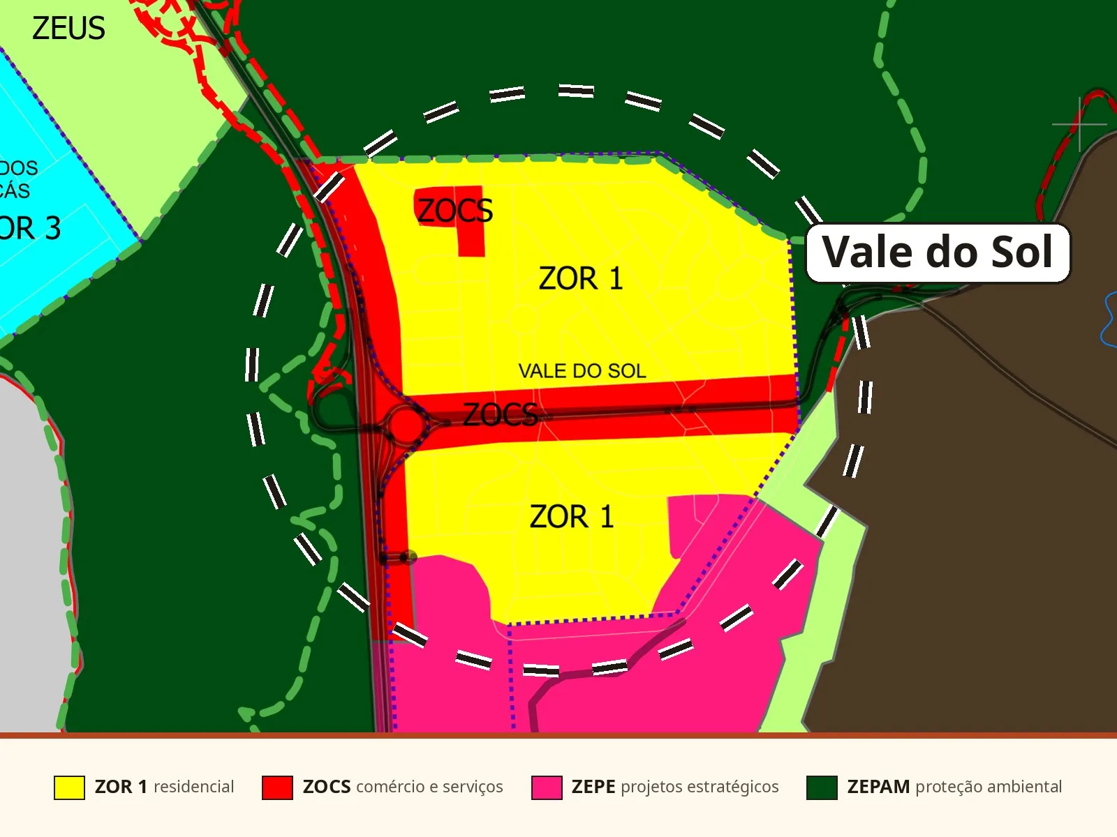 Mapa de zoneamento do PL 2723/2026 recortado no Vale do Sol, com o bairro marcado: ZOR 1 em amarelo cortada pela faixa ZOCS em vermelho, ZEPE em rosa ao sul e ZEPAM em verde-escuro ao norte, com faixa de legenda das zonas.
