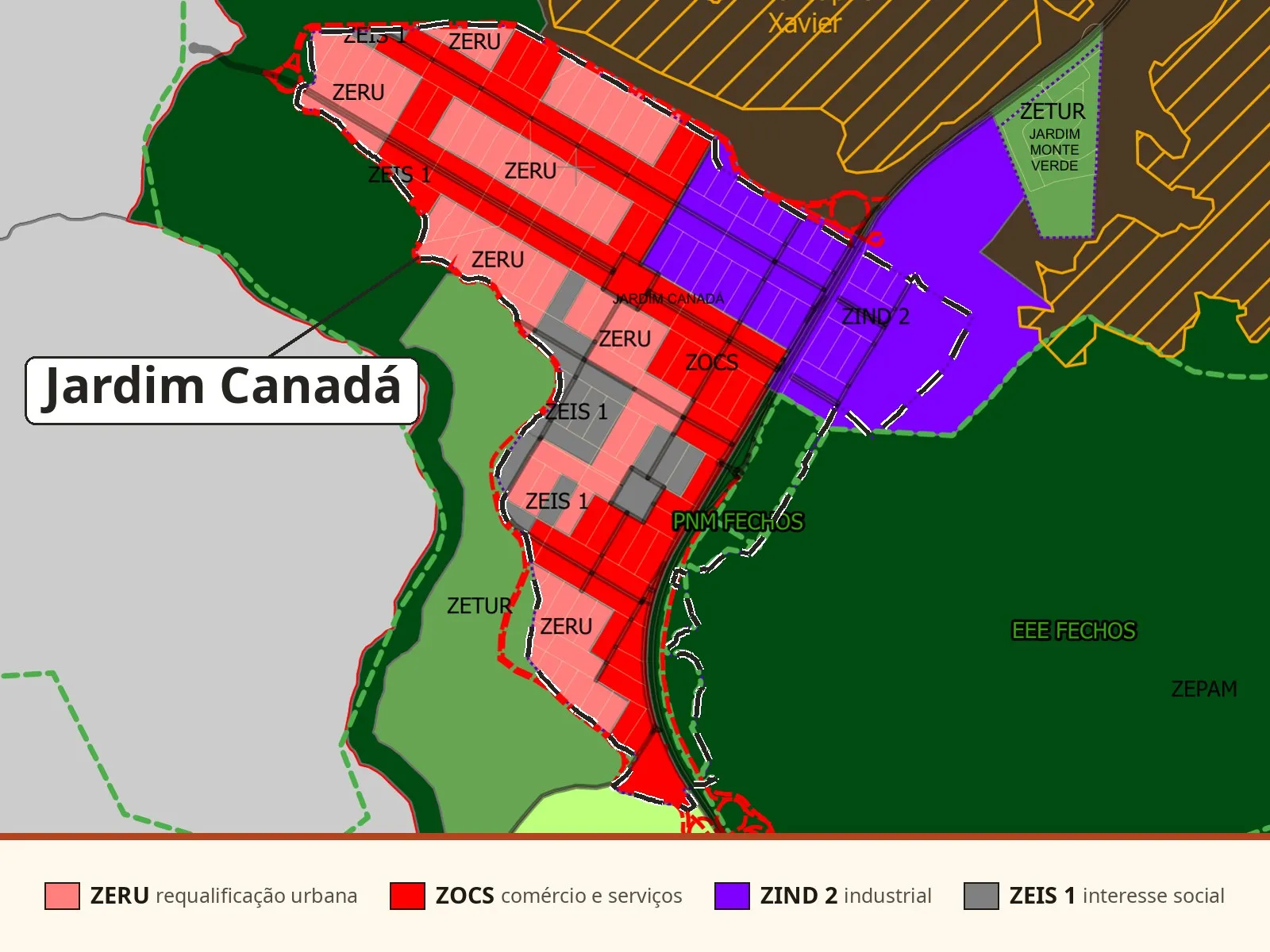 Mapa de zoneamento do PL 2723/2026 recortado no Jardim Canadá, com o bairro marcado: ZERU em rosa-claro, faixas de ZOCS em vermelho, ZIND 2 em roxo e ZEIS 1 em cinza, com faixa de legenda das zonas.