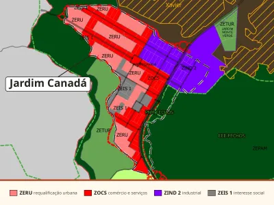 Mapa de zoneamento do PL 2723/2026 recortado no Jardim Canadá, com o bairro marcado: ZERU em rosa-claro, faixas de ZOCS em vermelho, ZIND 2 em roxo e ZEIS 1 em cinza, com faixa de legenda das zonas.