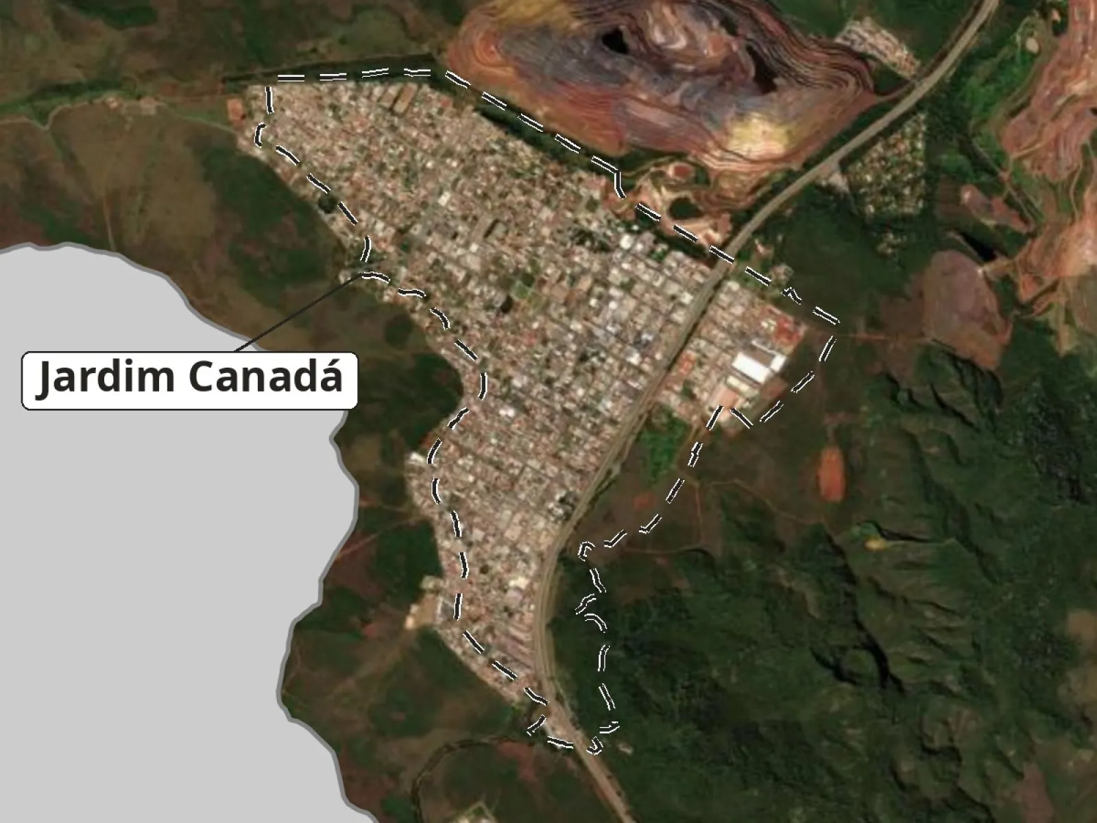 Imagem de satélite do Anexo VII do PL 2723/2026 com o contorno do Jardim Canadá, a BR-040 cortando o bairro e a cava da Mina Capão Xavier ao norte.