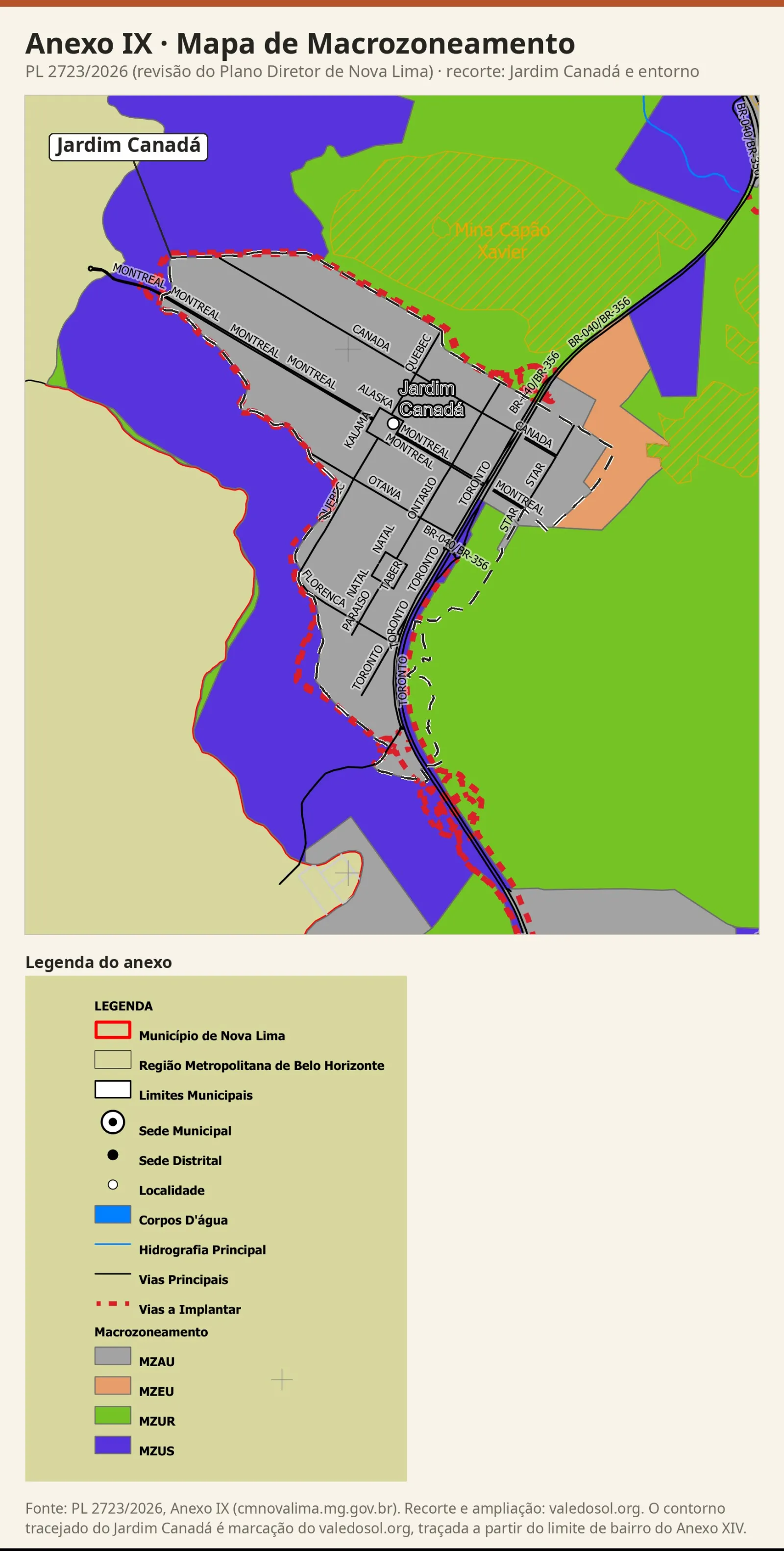 Recorte do Mapa de Macrozoneamento com o Jardim Canadá em cinza (MZAU), roxo (MZUS) a oeste, verde (MZUR) ao norte e a leste e uma mancha laranja (MZEU) a leste, com a legenda do anexo.