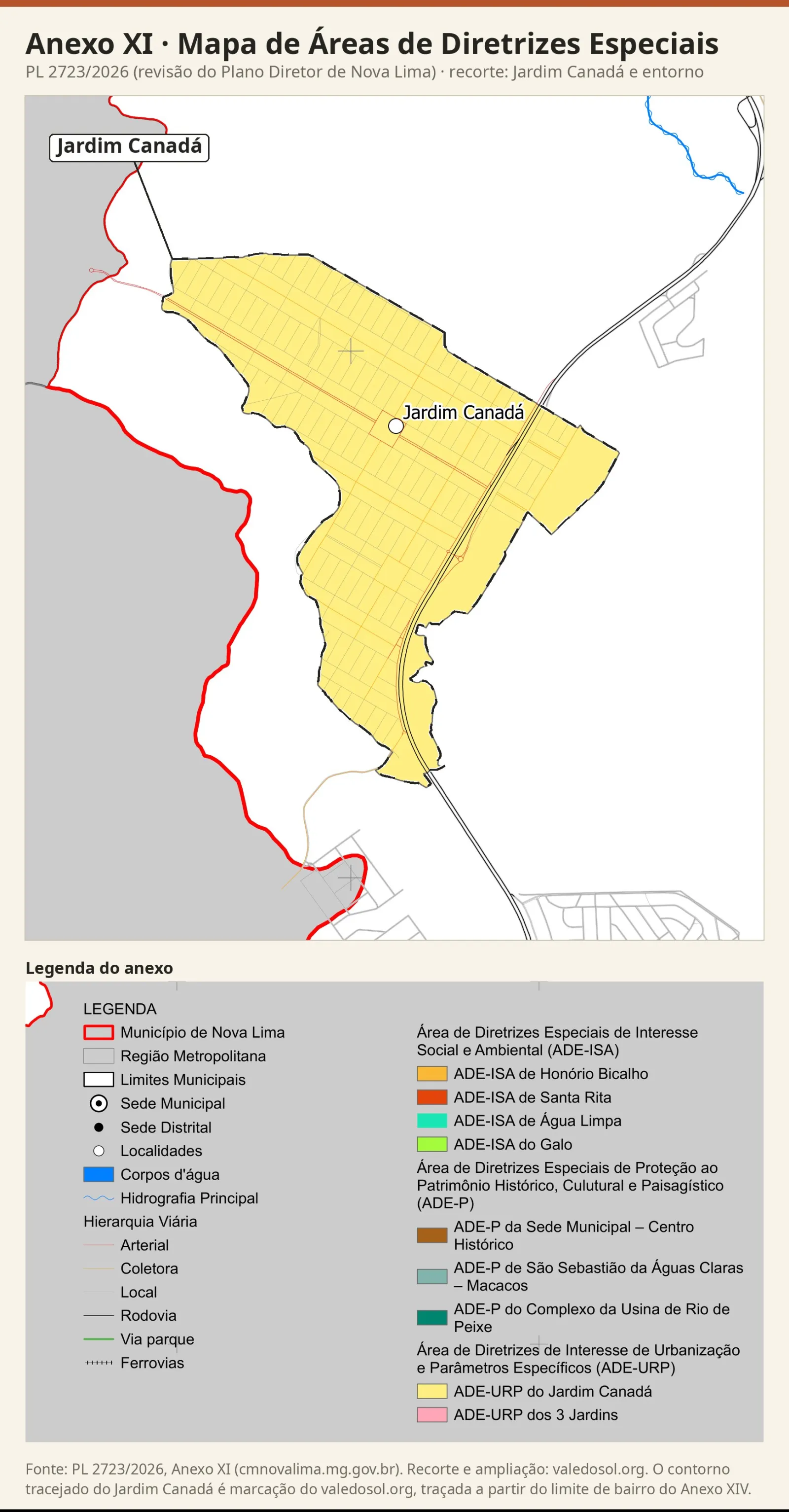 Recorte do Mapa de Áreas de Diretrizes Especiais com a mancha amarela da ADE-URP do Jardim Canadá cobrindo o bairro, com a legenda do anexo.