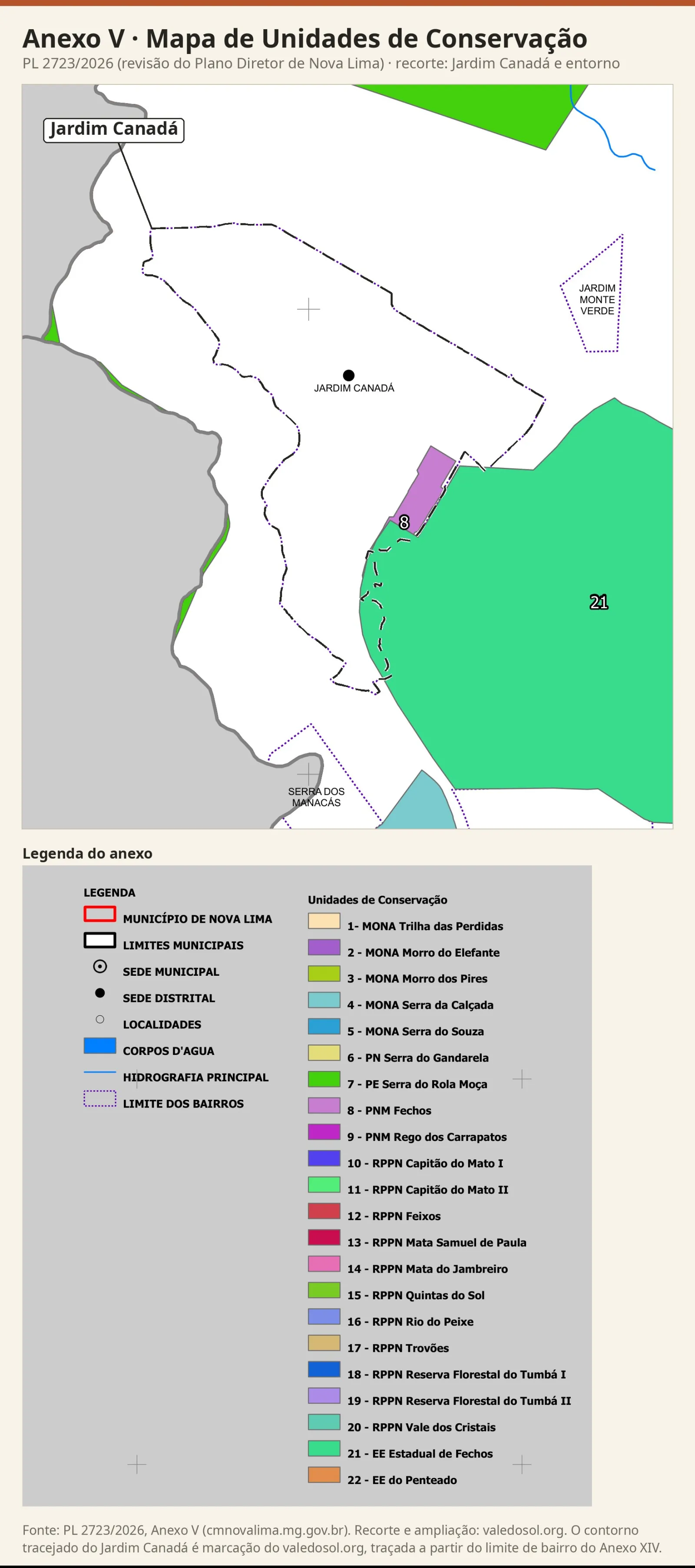 Recorte do Mapa de Unidades de Conservação com o Jardim Canadá em branco, o PNM Fechos (8) e a Estação Ecológica de Fechos (21) a leste e o Parque Estadual da Serra do Rola Moça (7) ao norte, com a legenda do anexo.