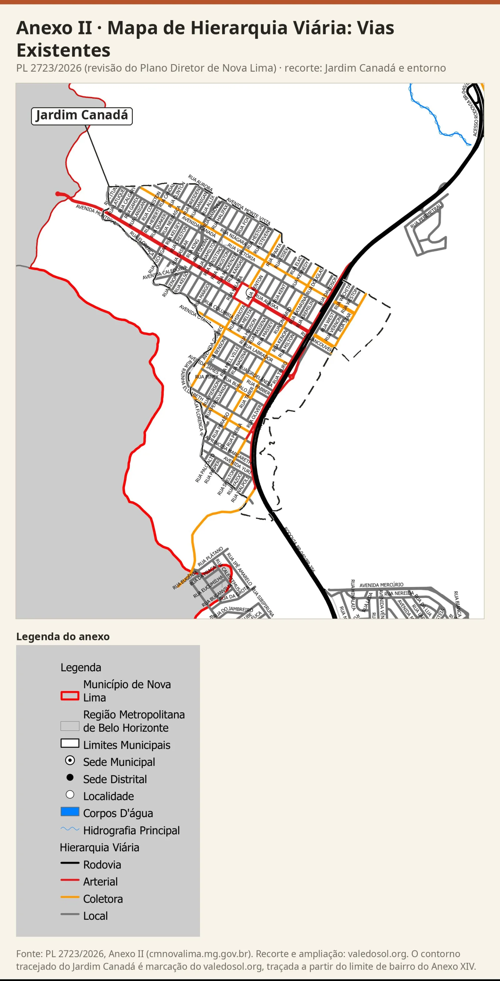Recorte do Mapa de Hierarquia Viária com a Avenida Montreal e a via paralela à BR-040 em vermelho (arteriais), as coletoras em laranja e as ruas locais em cinza, com a legenda do anexo.