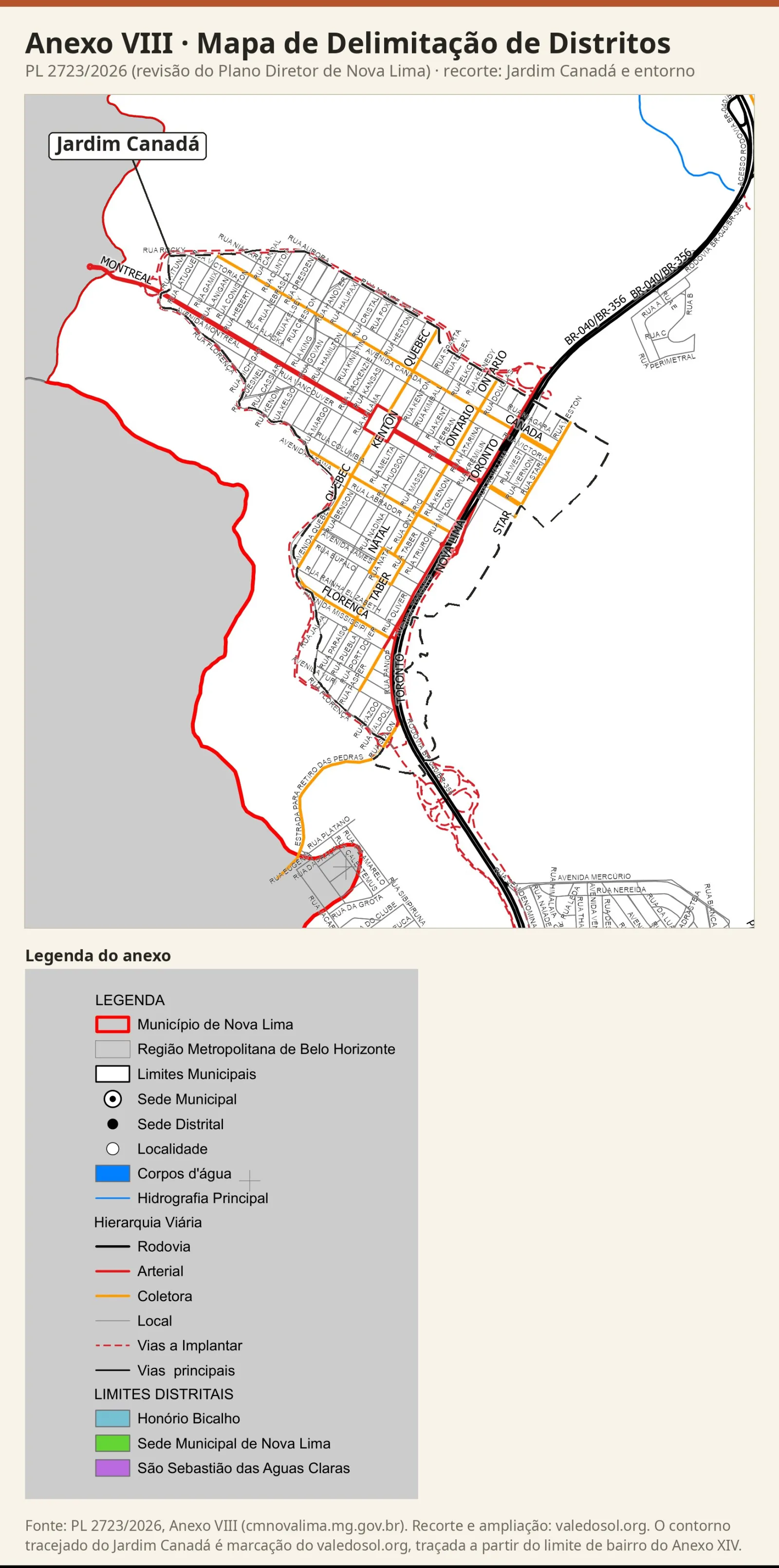 Recorte do Mapa de Delimitação de Distritos com o Jardim Canadá e o entorno em branco, sem cor de distrito, com a legenda do anexo.