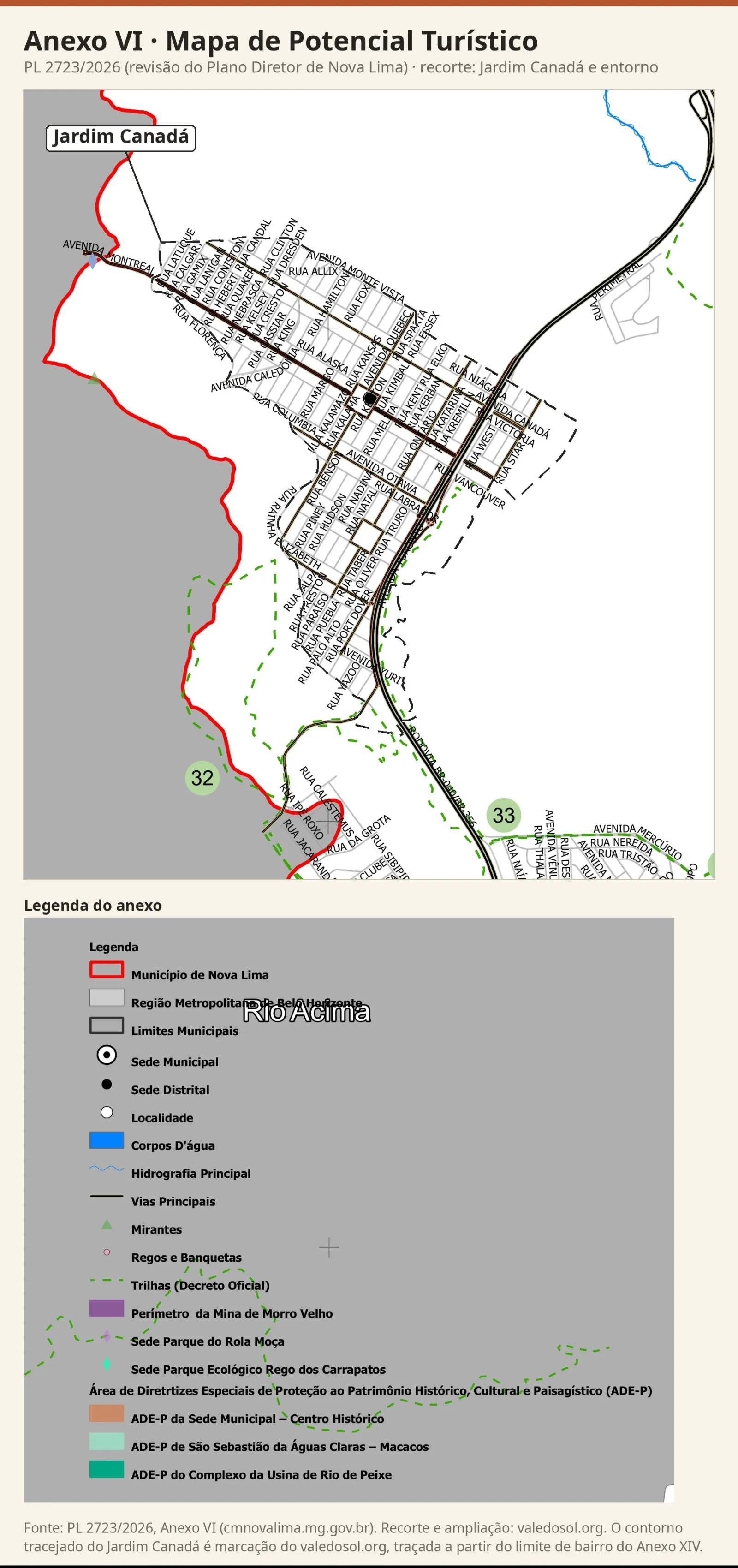 Recorte do Mapa de Potencial Turístico com as ruas do Jardim Canadá, trilhas em verde tracejado ao sul com os números 32 e 33, um mirante e o losango na ponta oeste da Avenida Montreal, com a legenda do anexo.