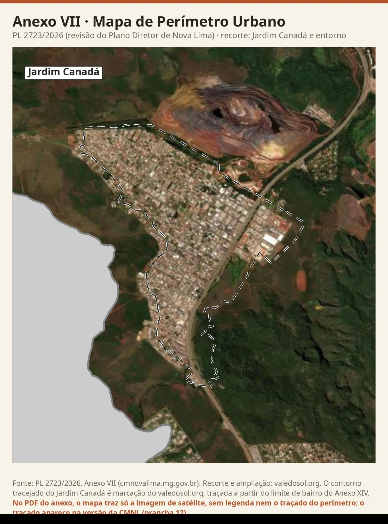 Recorte da imagem de satélite do Mapa de Perímetro Urbano com a malha do Jardim Canadá, os galpões a leste da BR-040 e a cava da Mina Capão Xavier ao norte.