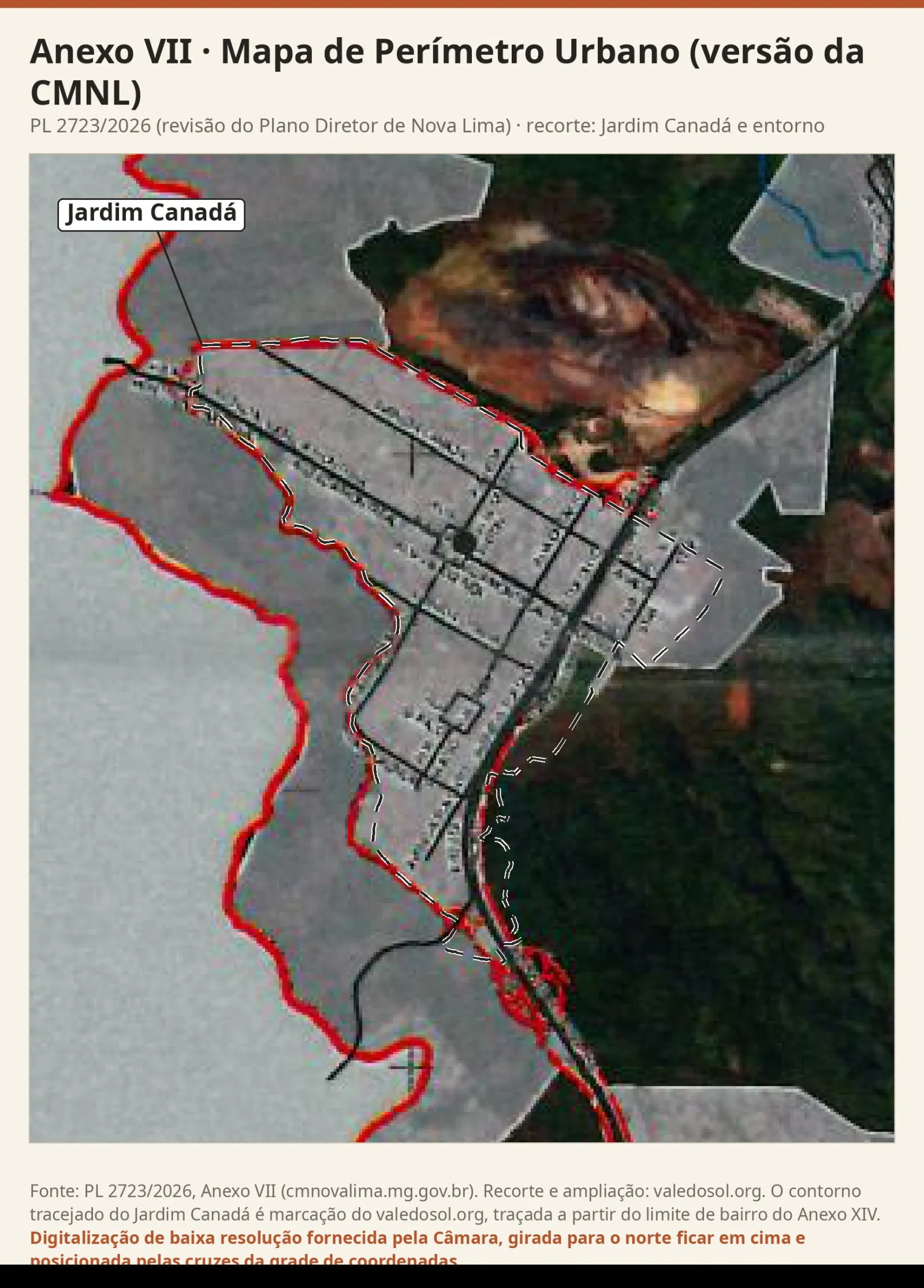 Recorte da versão da Câmara do Mapa de Perímetro Urbano, com as linhas vermelhas do perímetro e áreas sombreadas sobre a imagem de satélite do Jardim Canadá e entorno.