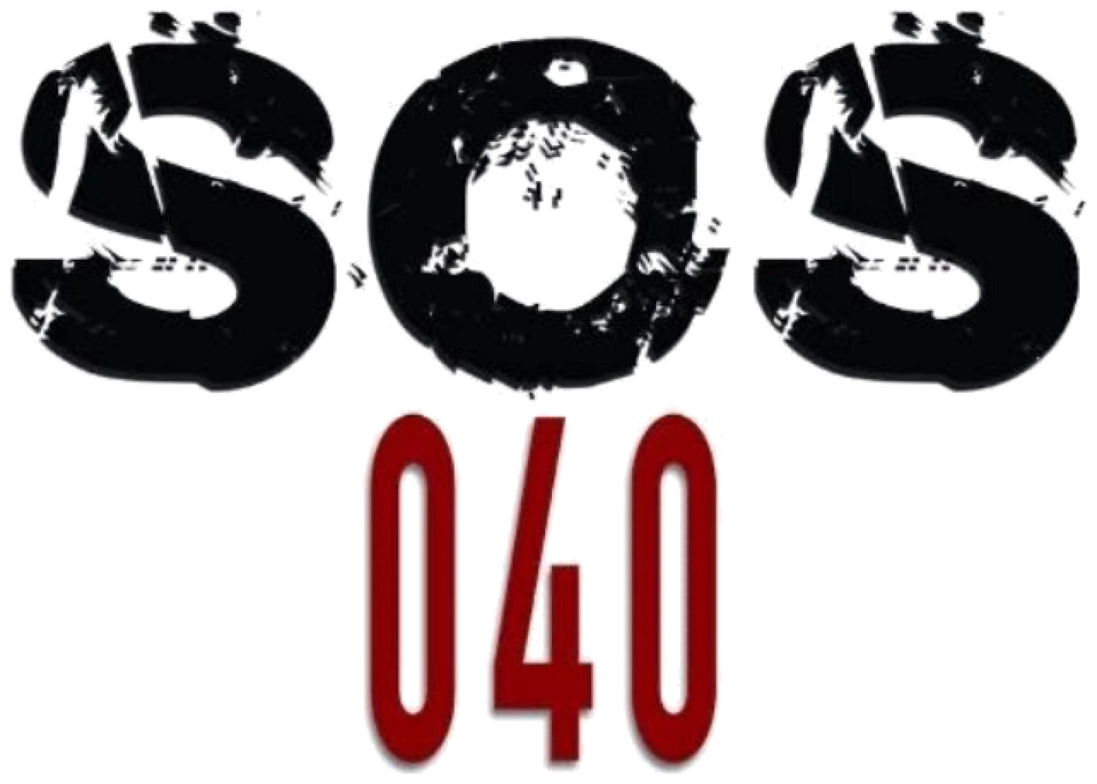 Logotipo SOS 040: a palavra SOS em letras pretas com textura desgastada, sobre o número 040 em vermelho-escuro