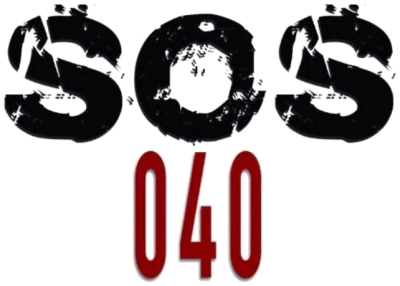 Logotipo SOS 040: a palavra SOS em letras pretas com textura desgastada, sobre o número 040 em vermelho-escuro