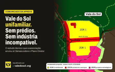 Mapa do zoneamento proposto para o Vale do Sol (Anexo X do PL 2723/2026) com a chamada: Vale do Sol unifamiliar, sem prédios e sem indústria incompatível.