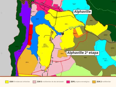 Mapa de zoneamento do PL 2723/2026 recortado no Alphaville, com os dois bairros marcados em volta da Lagoa dos Ingleses: ZOR 1 em amarelo, ZOR 5 em rosa-claro e ZEPE em rosa-forte, com faixa de legenda das zonas.
