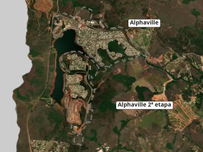 Imagem de satélite do Anexo VII do PL 2723/2026 com os contornos dos dois bairros do Alphaville, a Lagoa dos Ingleses no centro e a BR-040 a oeste.