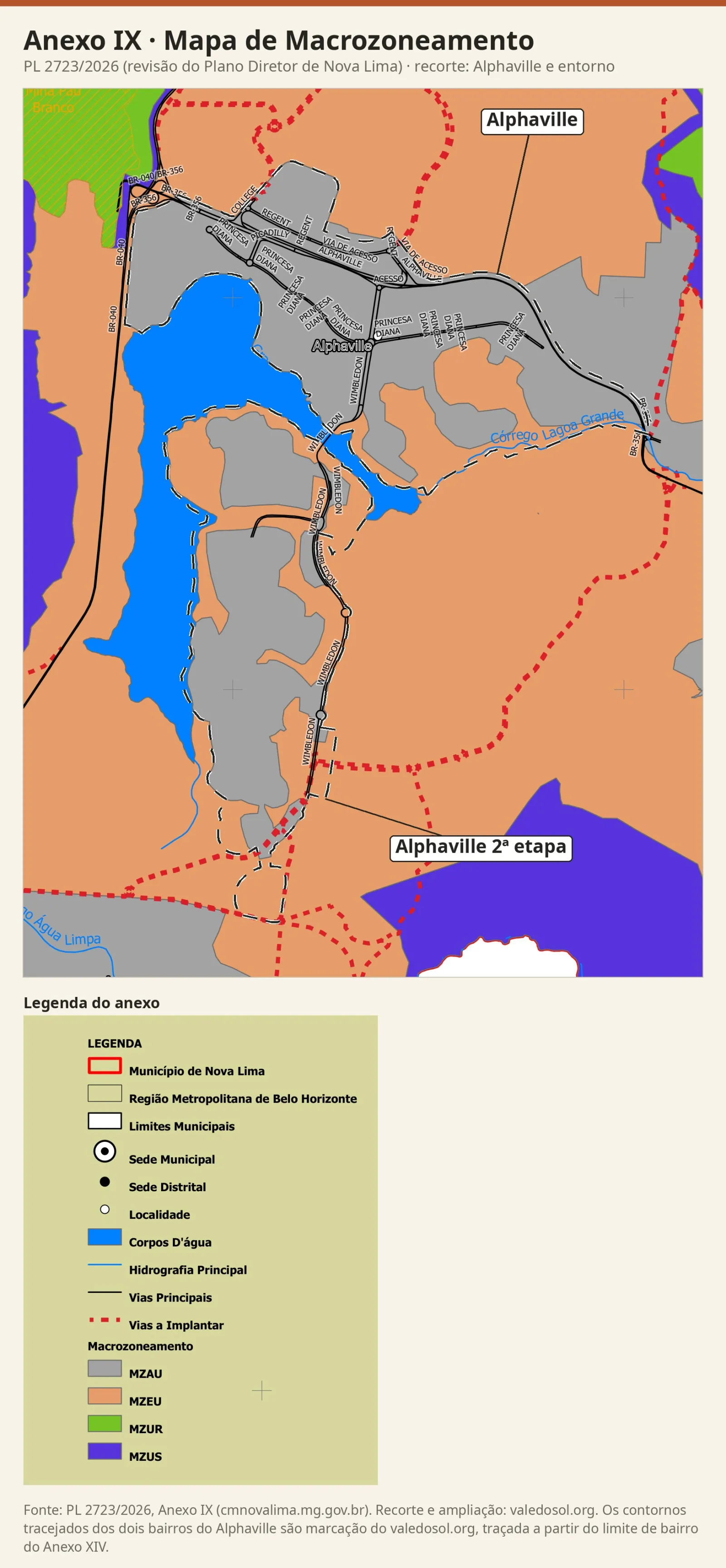 Recorte do Mapa de Macrozoneamento com a maior parte dos dois bairros do Alphaville em cinza (MZAU) e o resto em laranja (MZEU), o entorno em laranja, faixas roxas de MZUS e manchas verdes de MZUR nos cantos de cima, com a legenda do anexo.