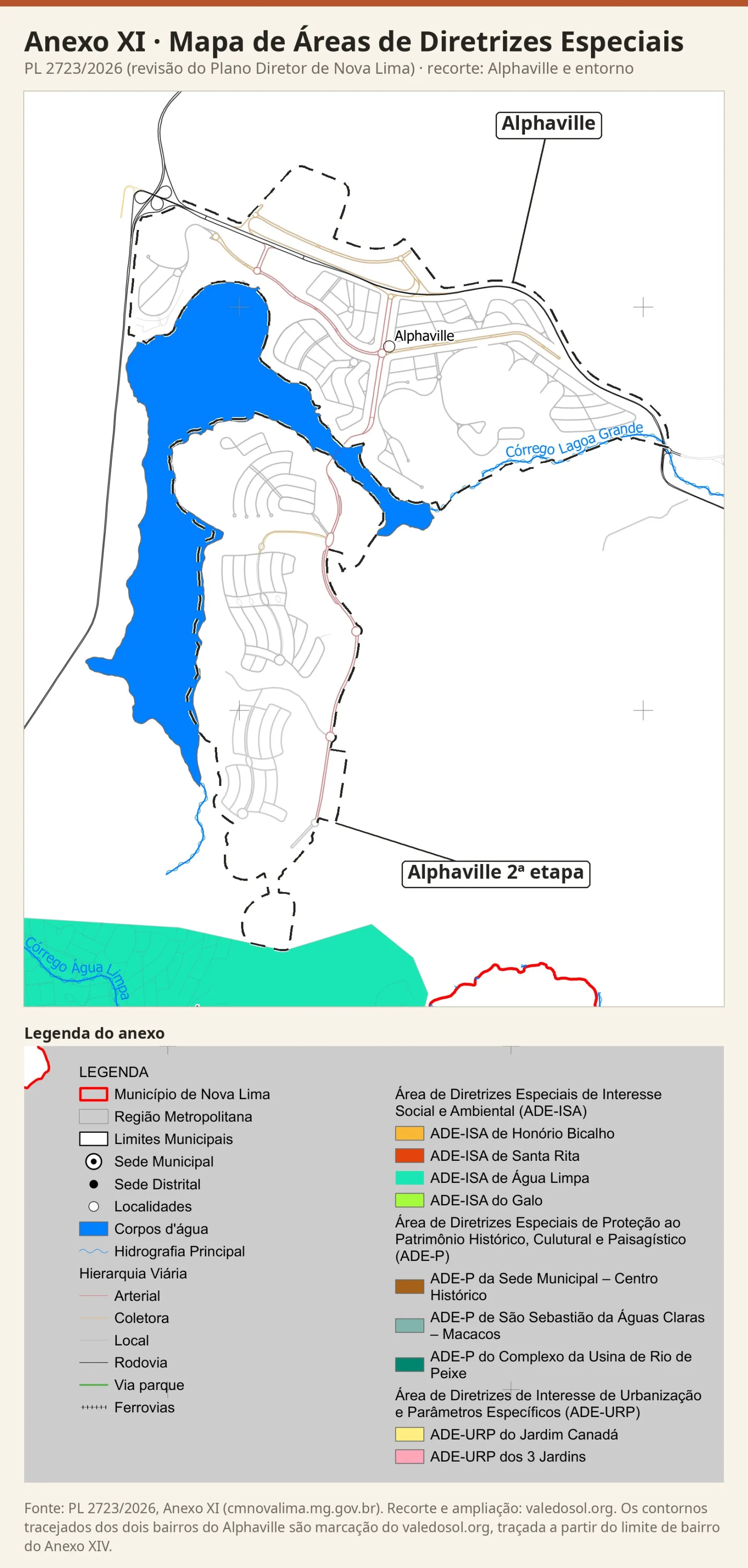 Recorte do Mapa de Áreas de Diretrizes Especiais com os bairros do Alphaville sem nenhuma ADE e a ADE-ISA de Água Limpa, em verde-água, ao sul, com a legenda do anexo.