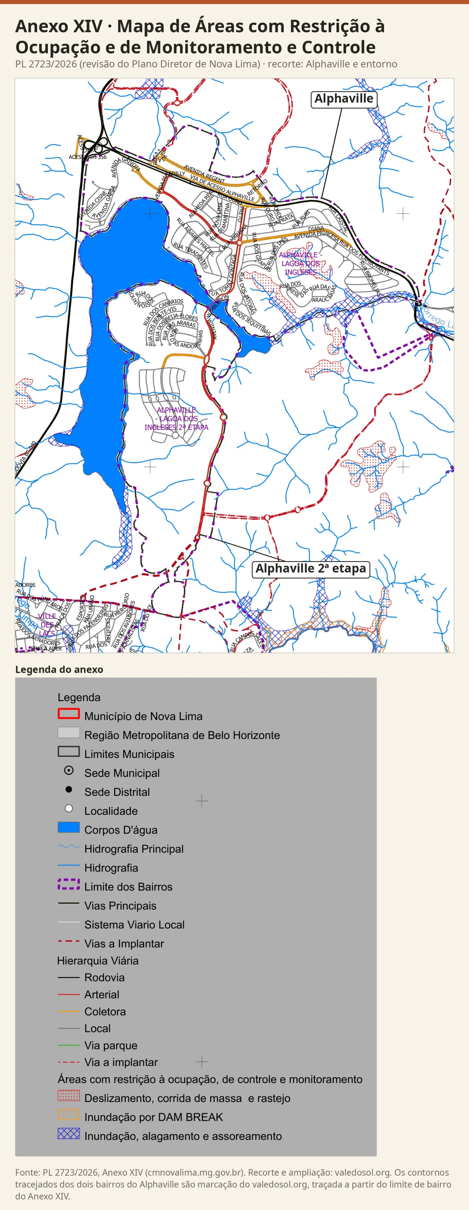 Recorte do Mapa de Áreas com Restrição à Ocupação com os limites dos bairros em tracejado roxo, duas áreas de deslizamento no Alphaville e a faixa de inundação do Córrego Lagoa Grande, com a legenda do anexo.