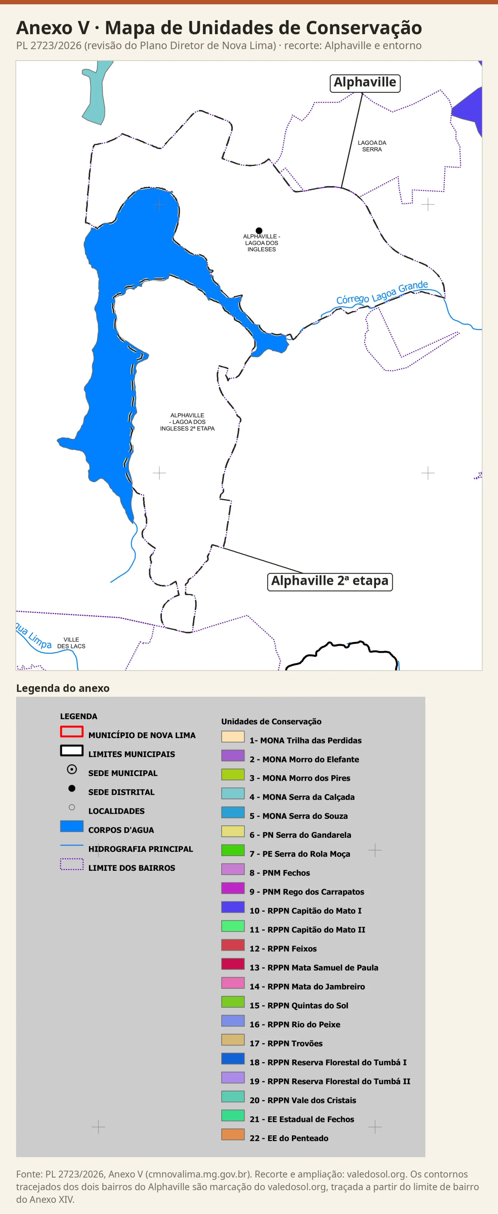 Recorte do Mapa de Unidades de Conservação com os dois bairros do Alphaville sem unidades de conservação e pontas do MONA Serra da Calçada e da RPPN Capitão do Mato I nos cantos de cima, com a legenda do anexo.