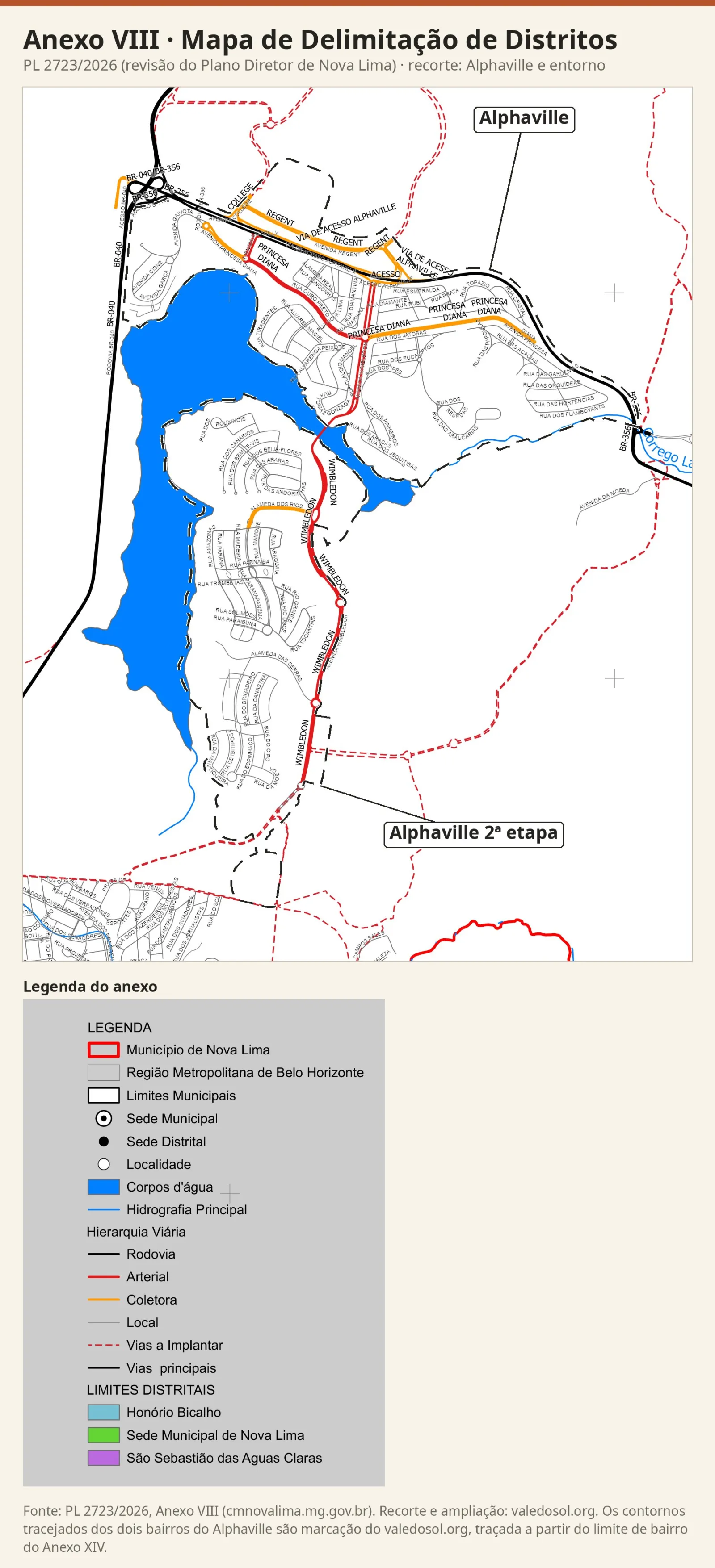 Recorte do Mapa de Delimitação de Distritos com o Alphaville e o entorno em branco, sem a cor de nenhum distrito, com a legenda do anexo.
