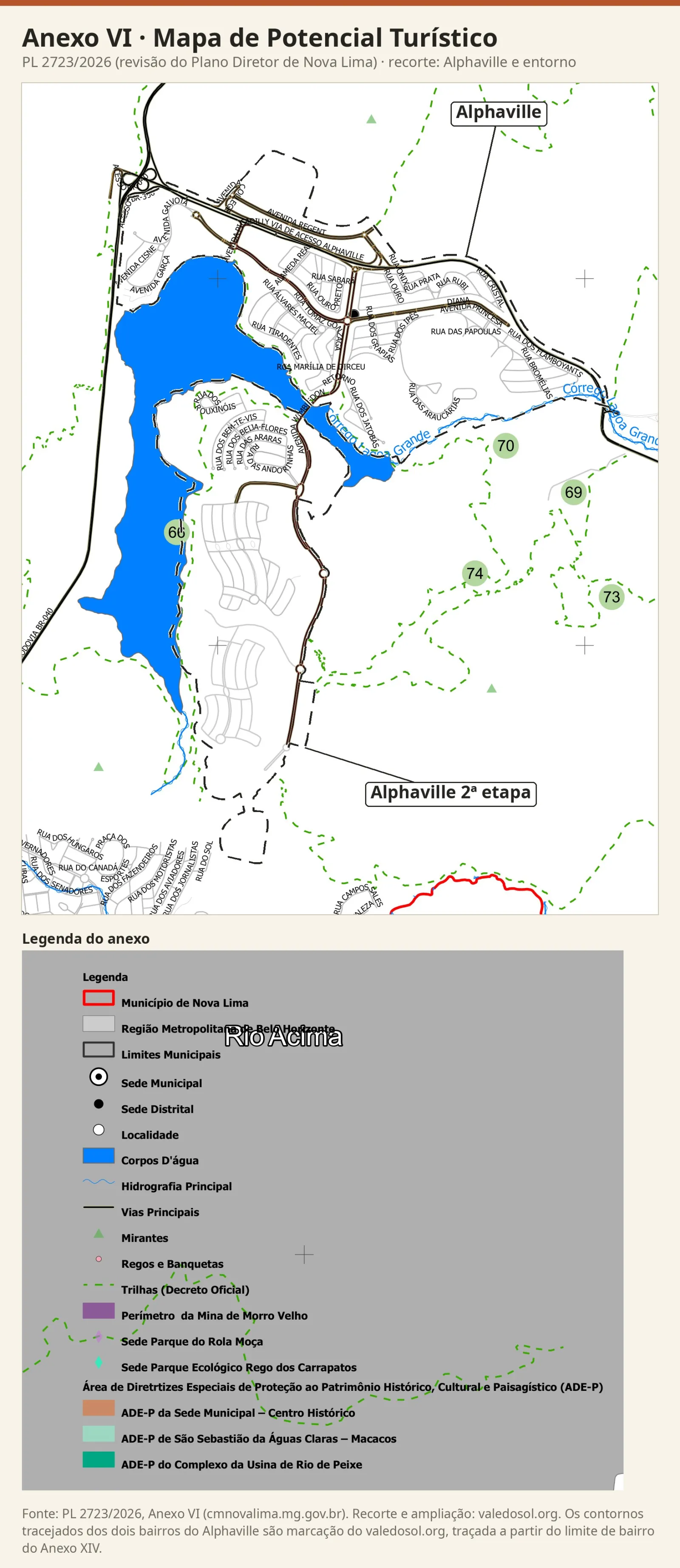 Recorte do Mapa de Potencial Turístico com as trilhas 66, 69, 70, 73 e 74 em verde tracejado e três mirantes em volta dos bairros do Alphaville, com a legenda do anexo.