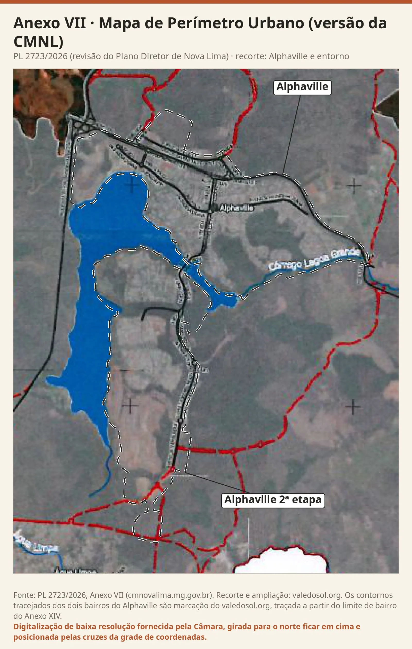 Recorte da versão da Câmara do Mapa de Perímetro Urbano: A imagem de satélite do Alphaville e entorno com o véu cinza do perímetro urbano e as vias a implantar em vermelho tracejado.
