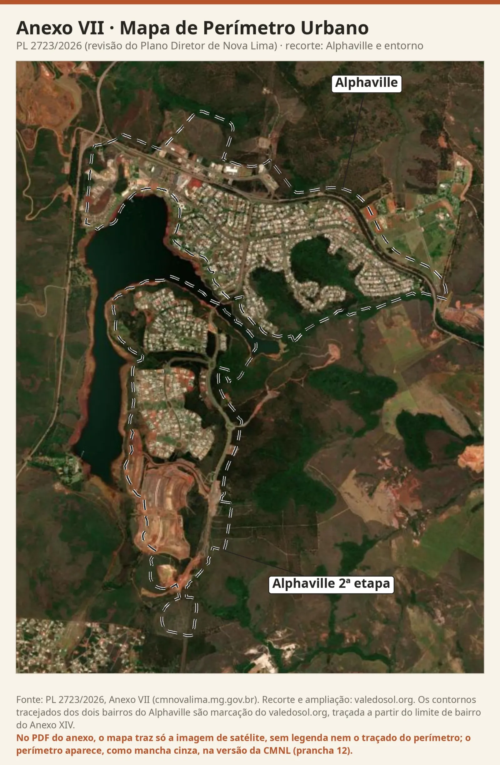Recorte da imagem de satélite do Mapa de Perímetro Urbano com a Lagoa dos Ingleses, a malha dos dois bairros do Alphaville e as áreas sem ocupação a leste e ao sul.