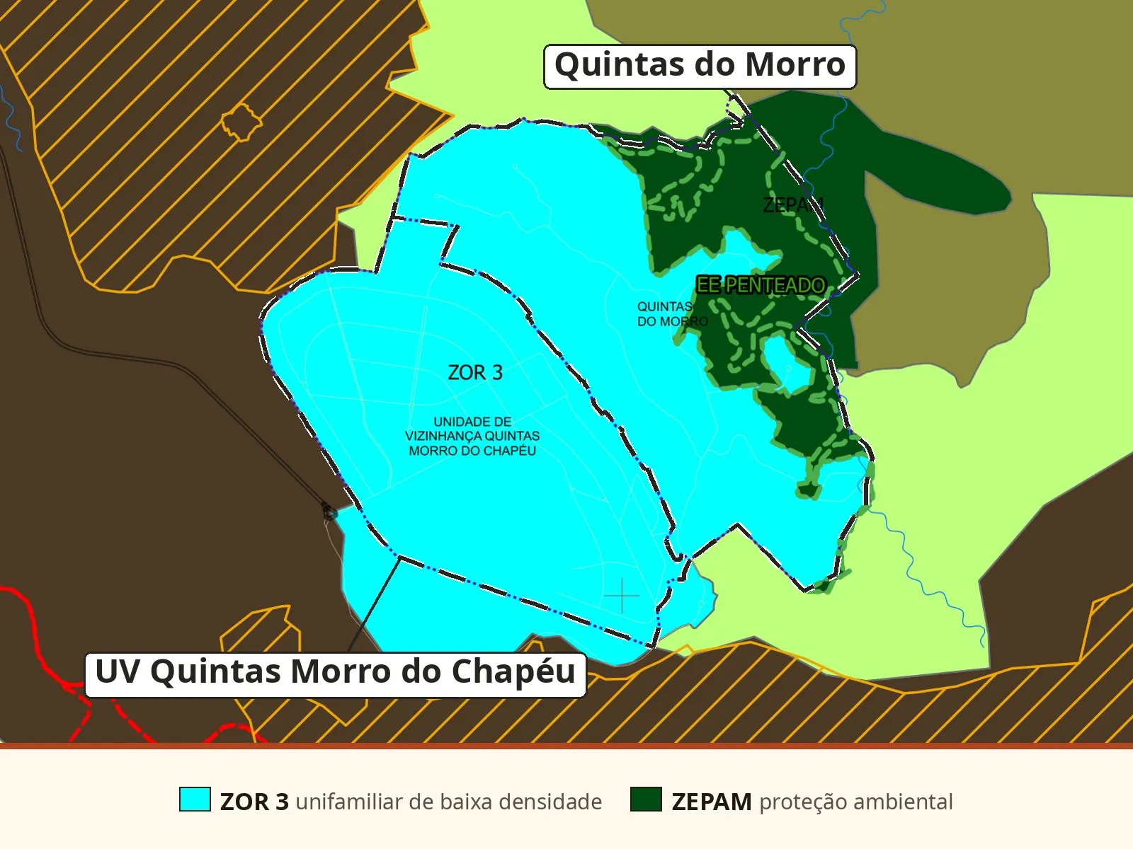 Mapa de zoneamento do PL 2723/2026 recortado no Morro do Chapéu, com os dois bairros marcados: ZOR 3 em azul-ciano, ZEPAM em verde-escuro na Estação Ecológica do Penteado e as minas em marrom hachurado, com faixa de legenda das zonas.
