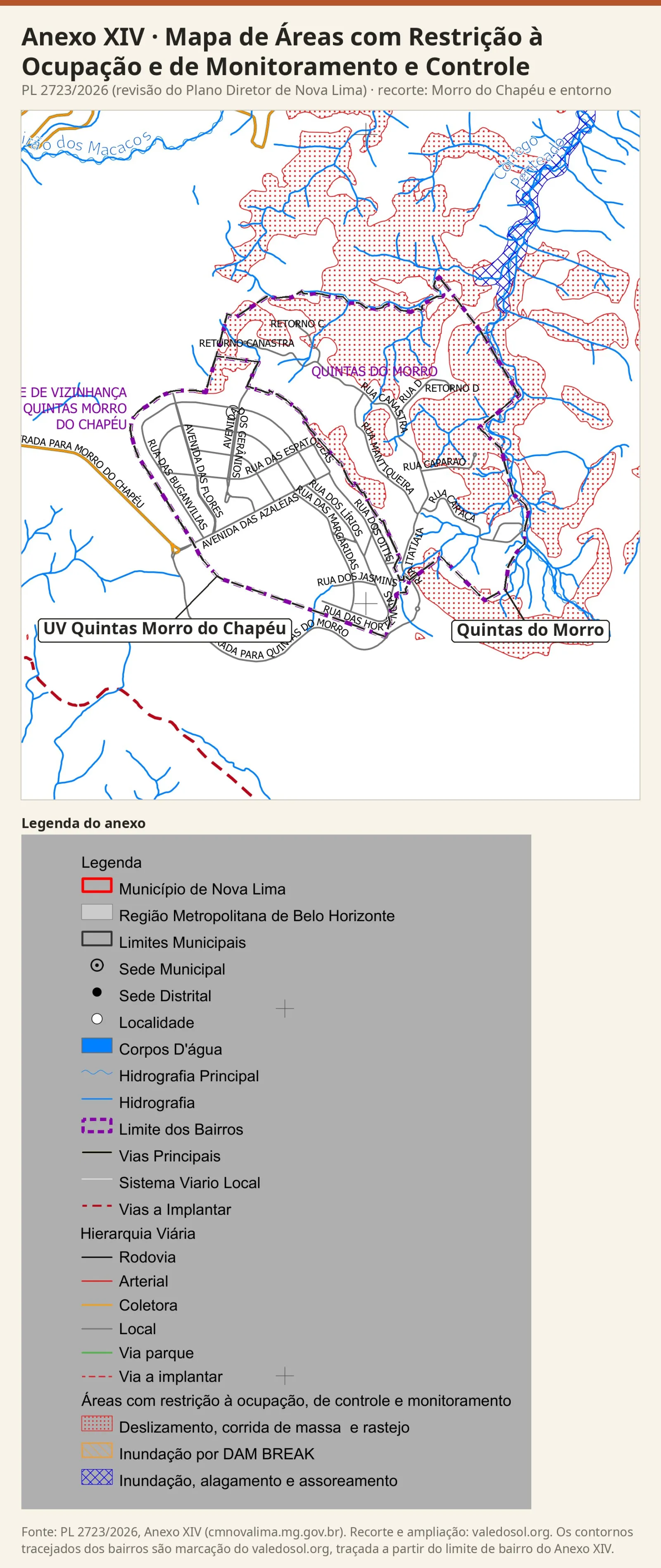Recorte do Mapa de Áreas com Restrição à Ocupação com os limites dos bairros em tracejado roxo, áreas de deslizamento em pontilhado vermelho em quase metade do Quintas do Morro e inundação em azul no Córrego Penteado, com a legenda do anexo.
