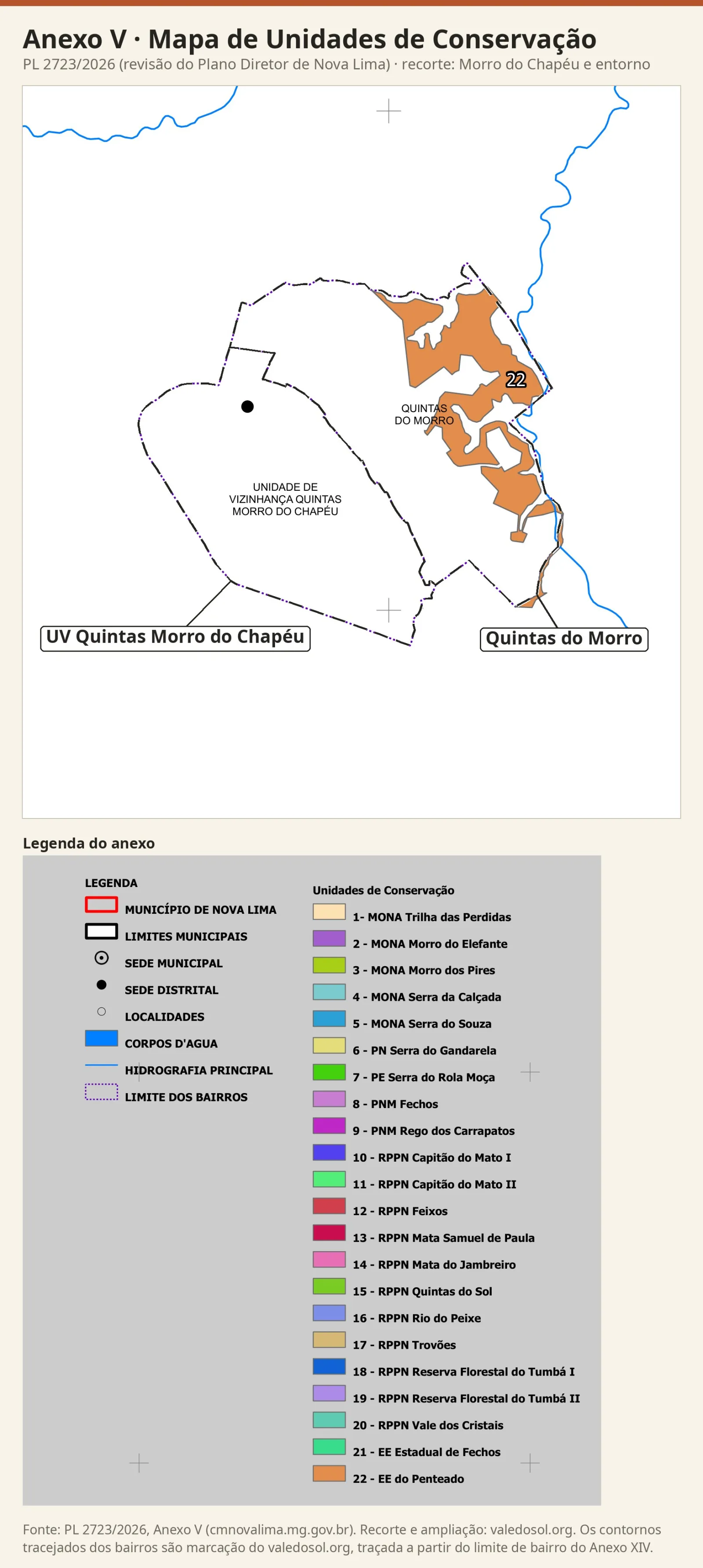 Recorte do Mapa de Unidades de Conservação com a unidade 22, EE do Penteado, em laranja, no nordeste e no leste do Quintas do Morro, e a Unidade de Vizinhança sem unidade de conservação, com a legenda do anexo.