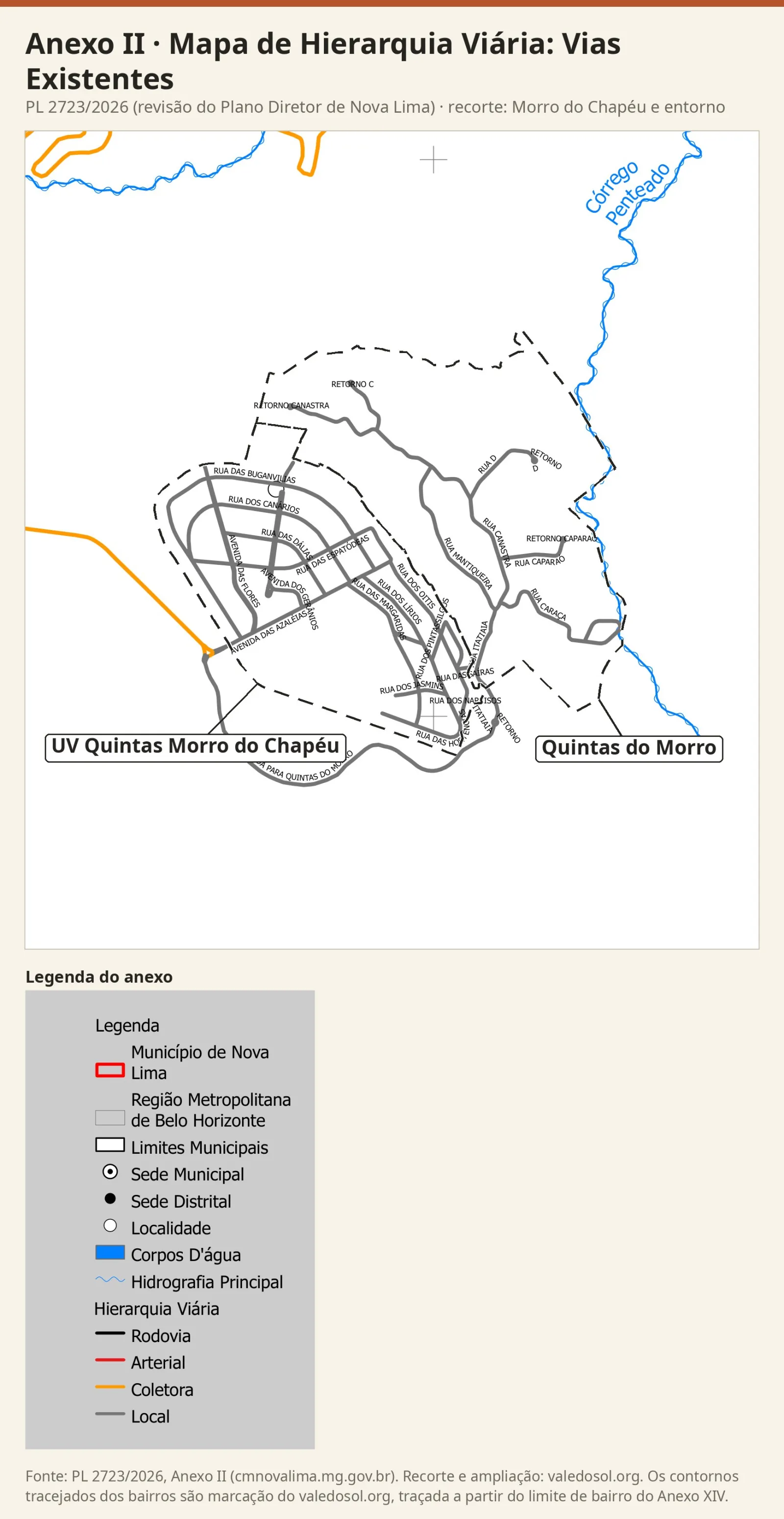 Recorte do Mapa de Hierarquia Viária (vias existentes) com a Estrada para Morro do Chapéu em laranja (coletora) chegando pelo oeste e as ruas dos dois bairros em cinza (locais), com a legenda do anexo.