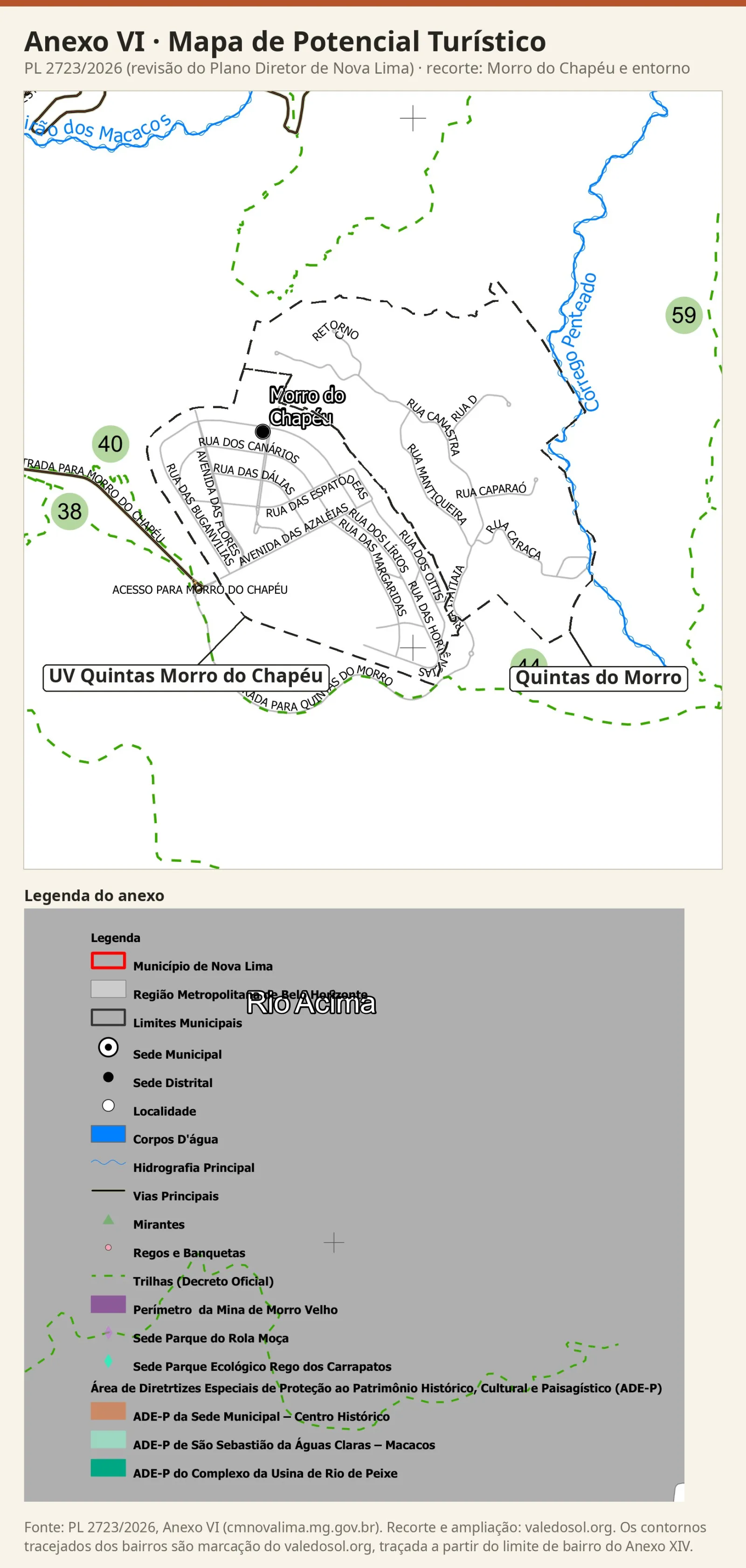 Recorte do Mapa de Potencial Turístico com as trilhas 38, 40, 44 e 59 em verde tracejado em volta dos dois bairros do Morro do Chapéu, com a legenda do anexo.