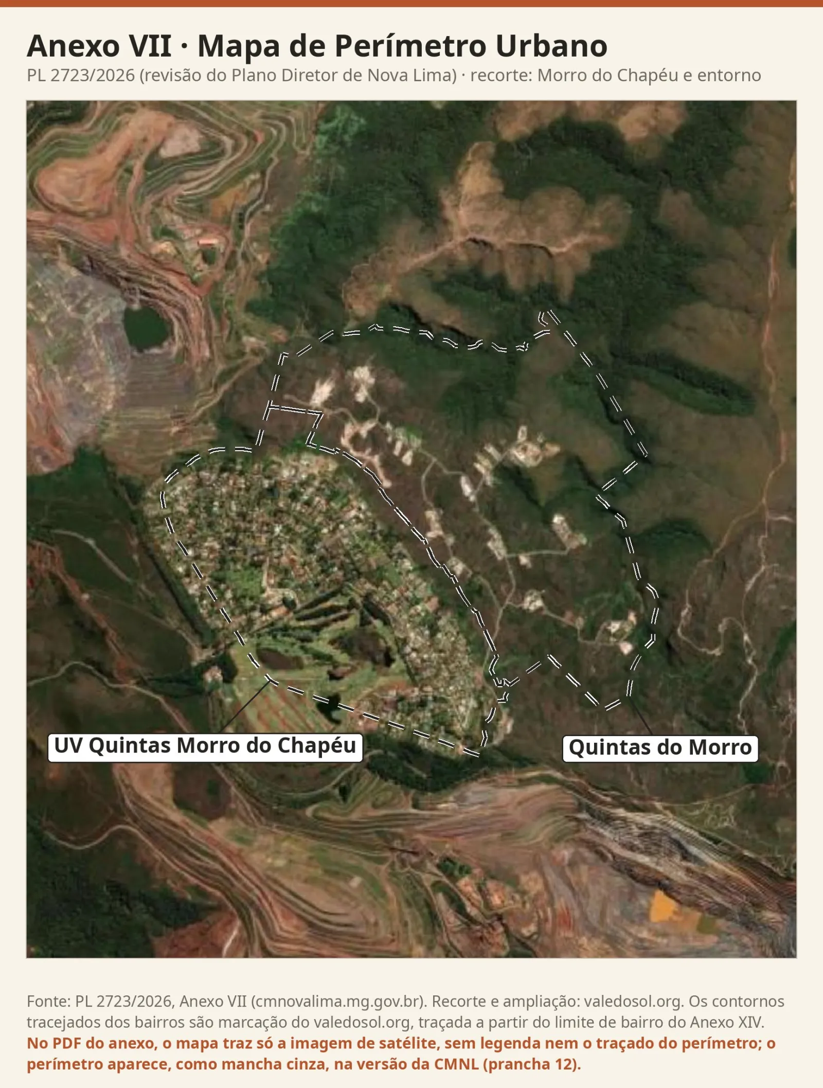 Recorte da imagem de satélite do Mapa de Perímetro Urbano com a malha de casas da Unidade de Vizinhança, as poucas construções do Quintas do Morro em meio à vegetação e as cavas das minas a noroeste e ao sul.