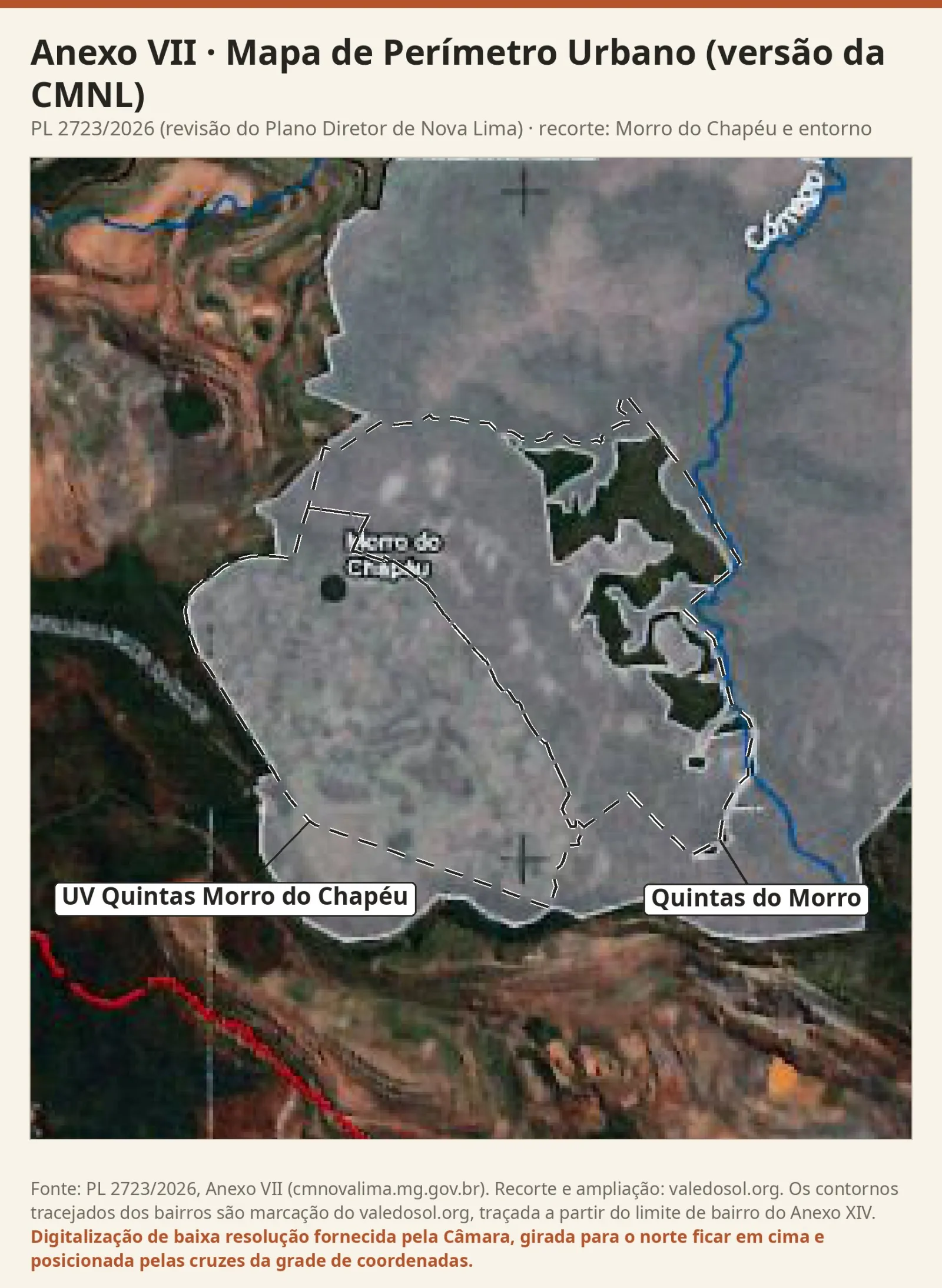 Recorte da versão da Câmara do Mapa de Perímetro Urbano: A imagem de satélite do Morro do Chapéu com o véu cinza do perímetro urbano sobre os bairros e manchas sem véu na Estação Ecológica do Penteado.