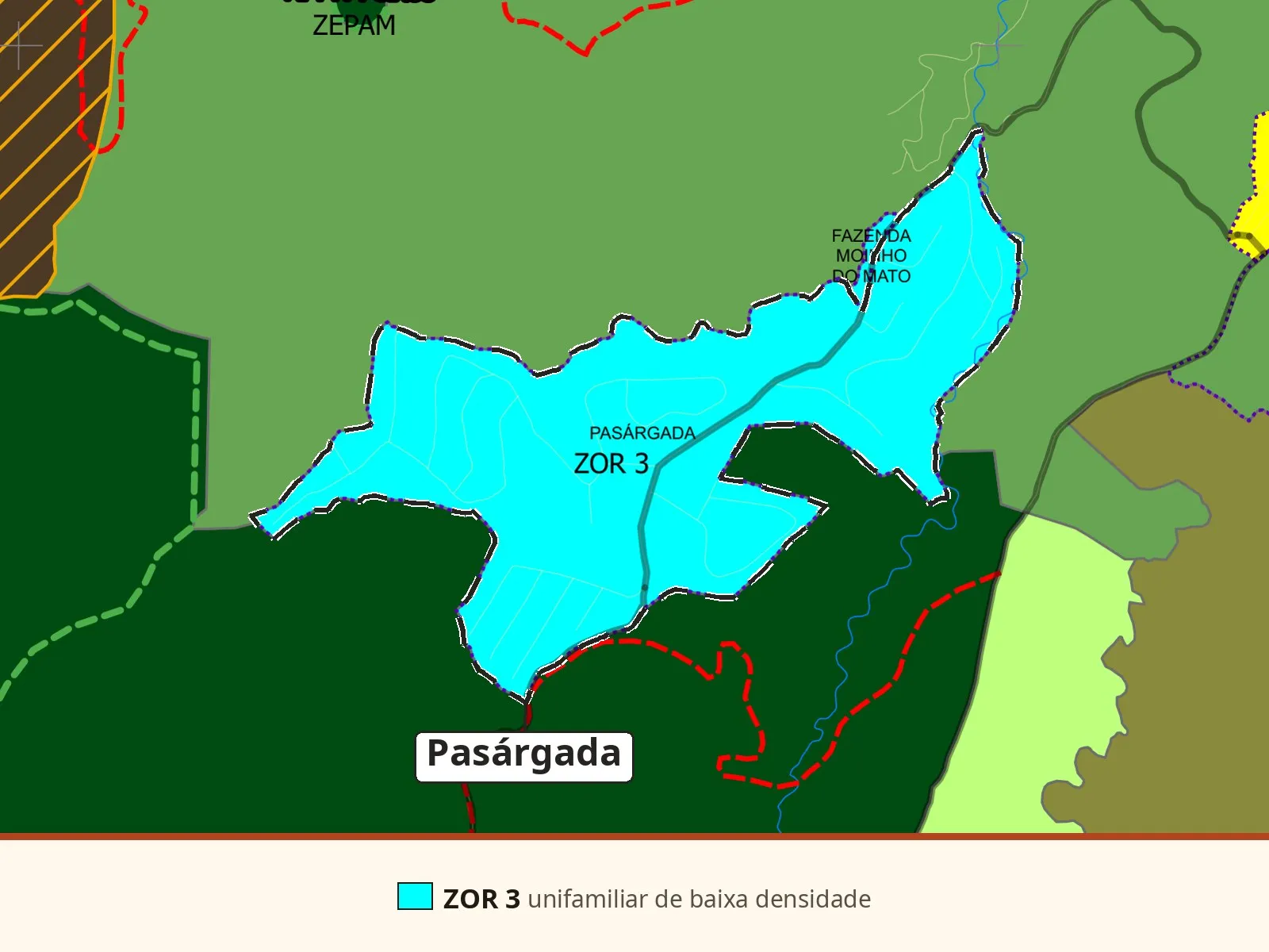 Mapa de zoneamento do PL 2723/2026 recortado em Pasárgada, com o bairro inteiro em azul-ciano (ZOR 3), a ZETUR em verde ao norte, a ZEPAM em verde-escuro ao sul e a oeste, e faixa de legenda da ZOR 3.