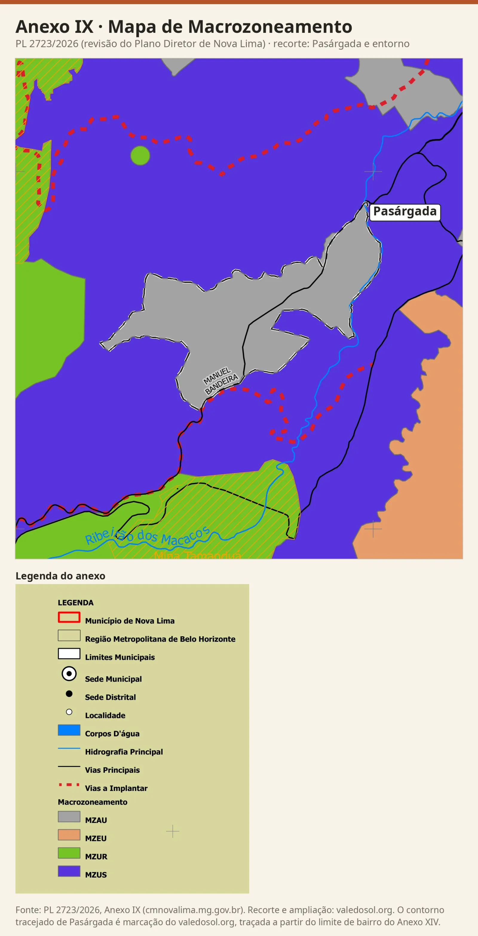 Recorte do Mapa de Macrozoneamento com Pasárgada em cinza (MZAU), cercada pelo roxo da MZUS, manchas verdes de MZUR a oeste, no noroeste, na Mina Tamanduá e no círculo da RPPN Feixos, e laranja de MZEU a sudeste, com a legenda do anexo.