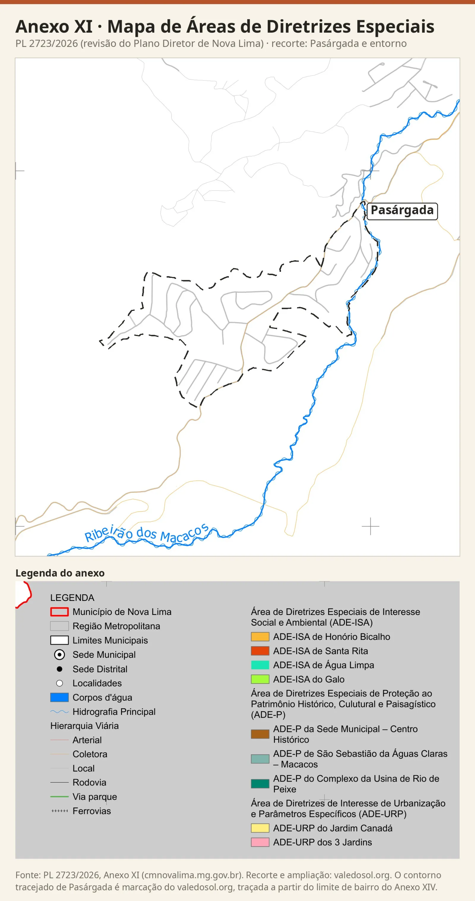 Recorte do Mapa de Áreas de Diretrizes Especiais com Pasárgada e todo o entorno sem nenhuma ADE, só com as vias e o Ribeirão dos Macacos, com a legenda do anexo.