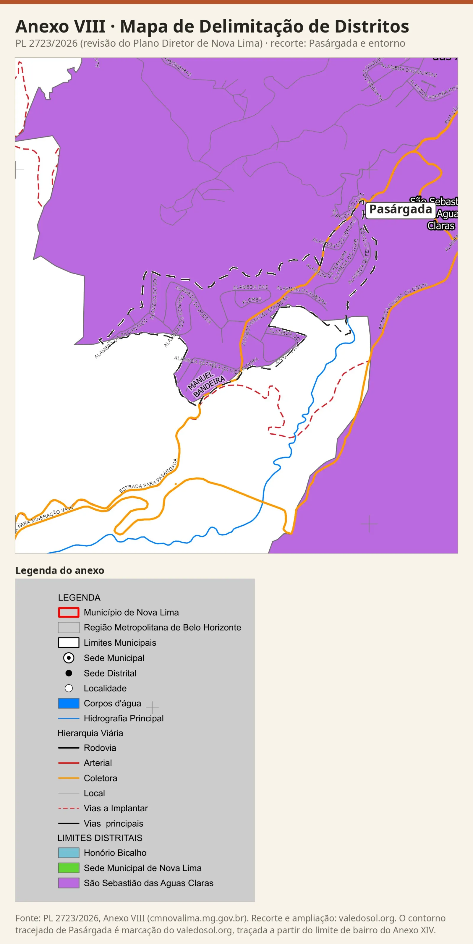 Recorte do Mapa de Delimitação de Distritos com quase todo o bairro e o norte e o leste do recorte em lilás (São Sebastião das Águas Claras) e o sul e o oeste em branco, com a legenda do anexo.