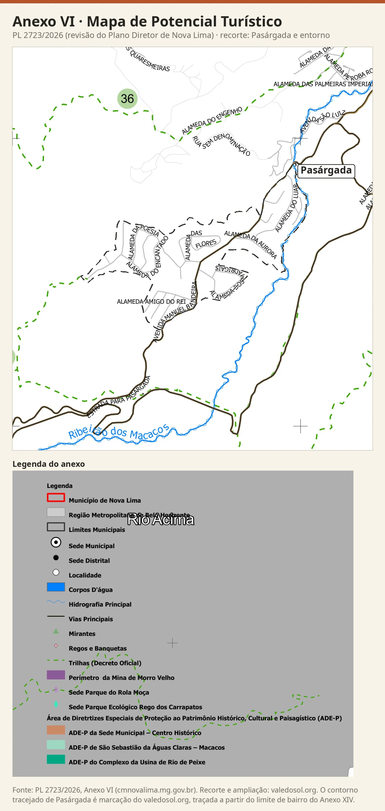 Recorte do Mapa de Potencial Turístico com trilhas em verde tracejado: A 36 ao norte, a 37 chegando à ponta oeste de Pasárgada e a 43 no canto sudeste, com a legenda do anexo.