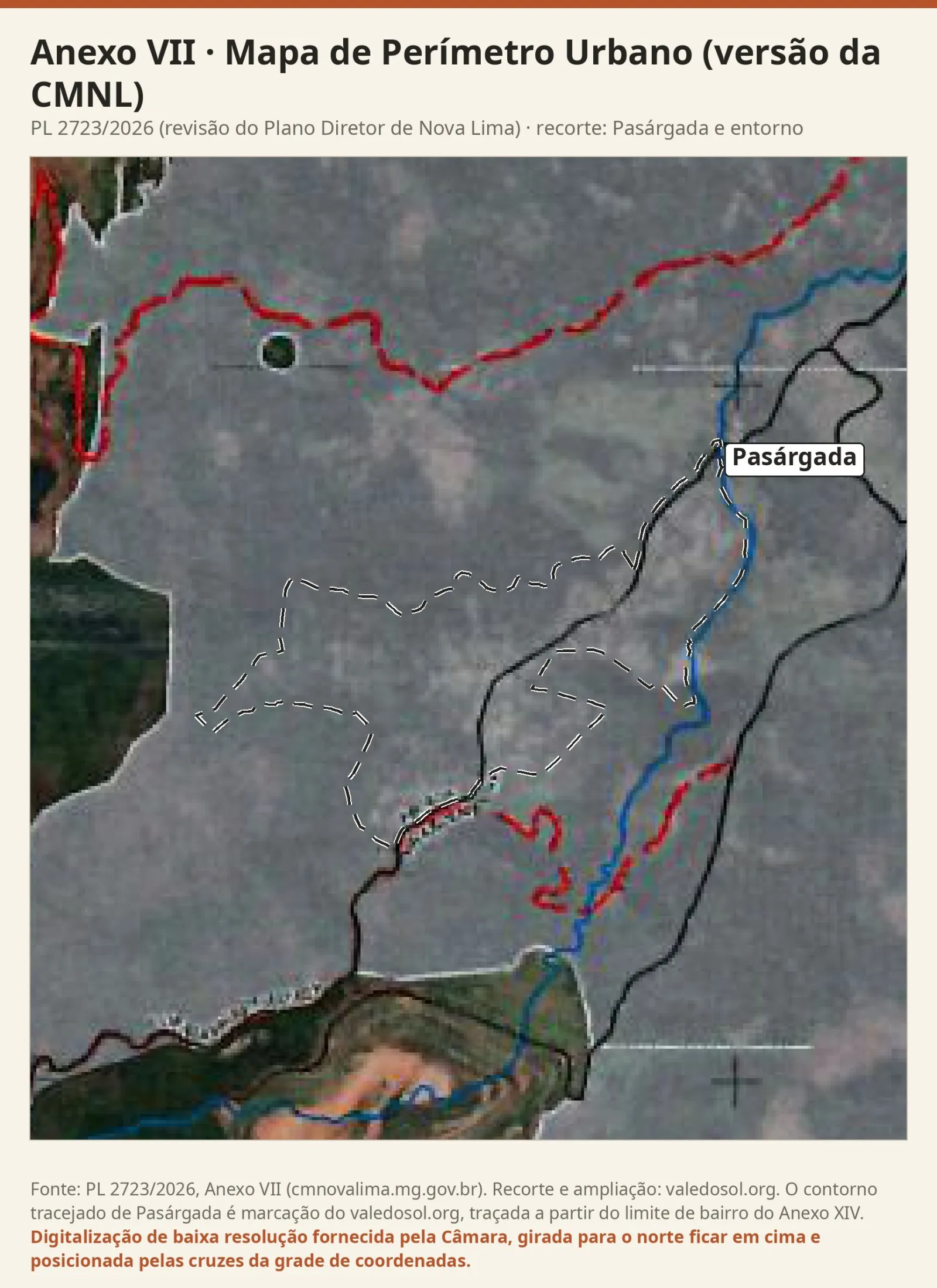 Recorte da versão da Câmara do Mapa de Perímetro Urbano: Pasárgada e quase todo o recorte sob o véu cinza do perímetro urbano, com cores naturais a oeste, no noroeste, no círculo da RPPN Feixos e na mina ao sul, e as vias a implantar em vermelho.