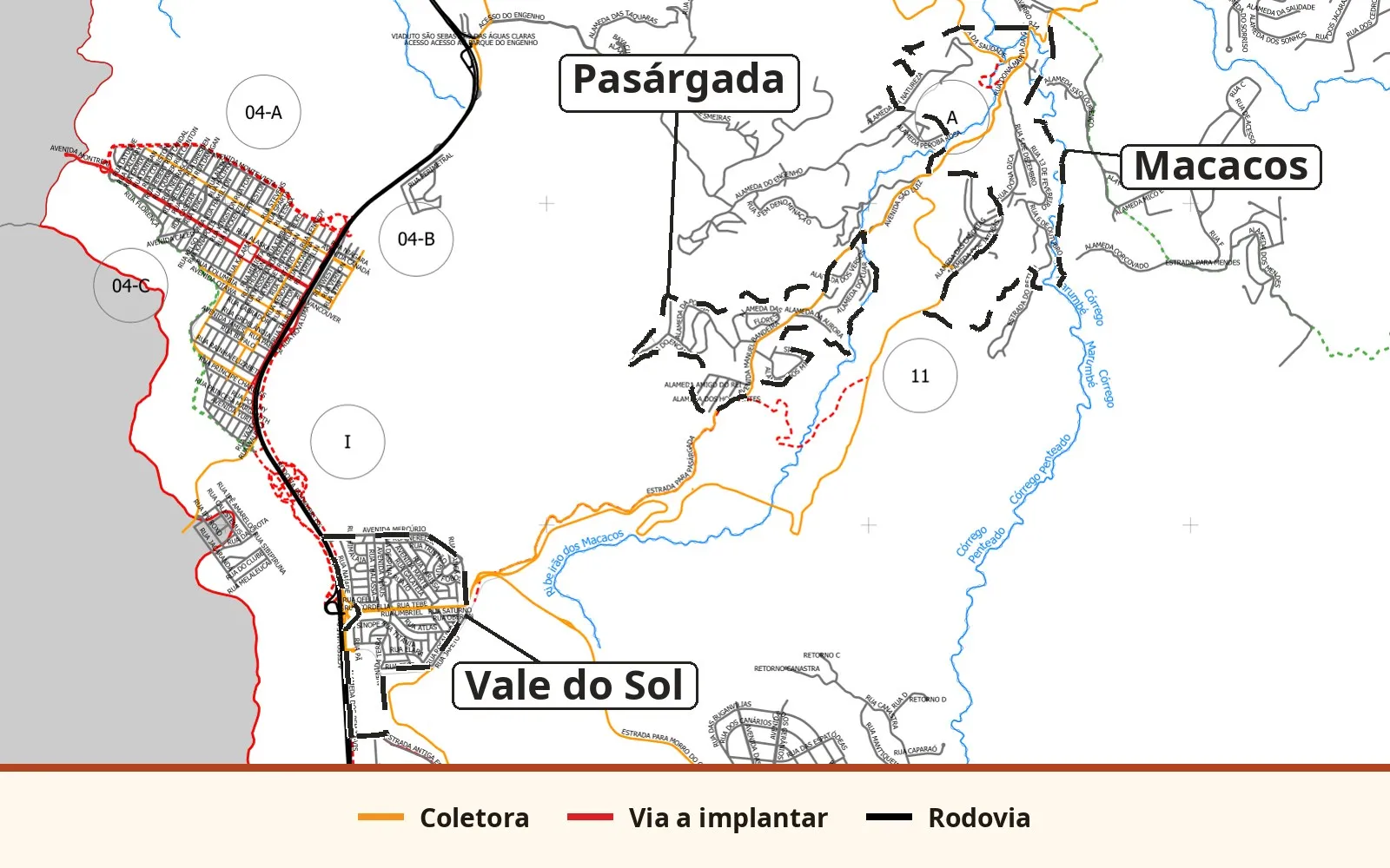 Recorte do Anexo IV do PL 2723/2026 entre o Vale do Sol, a sudoeste, e Macacos, a nordeste, com Pasárgada no meio, as coletoras em laranja, as vias a implantar em vermelho tracejado e o círculo 11 junto à Estrada Campo do Costa.