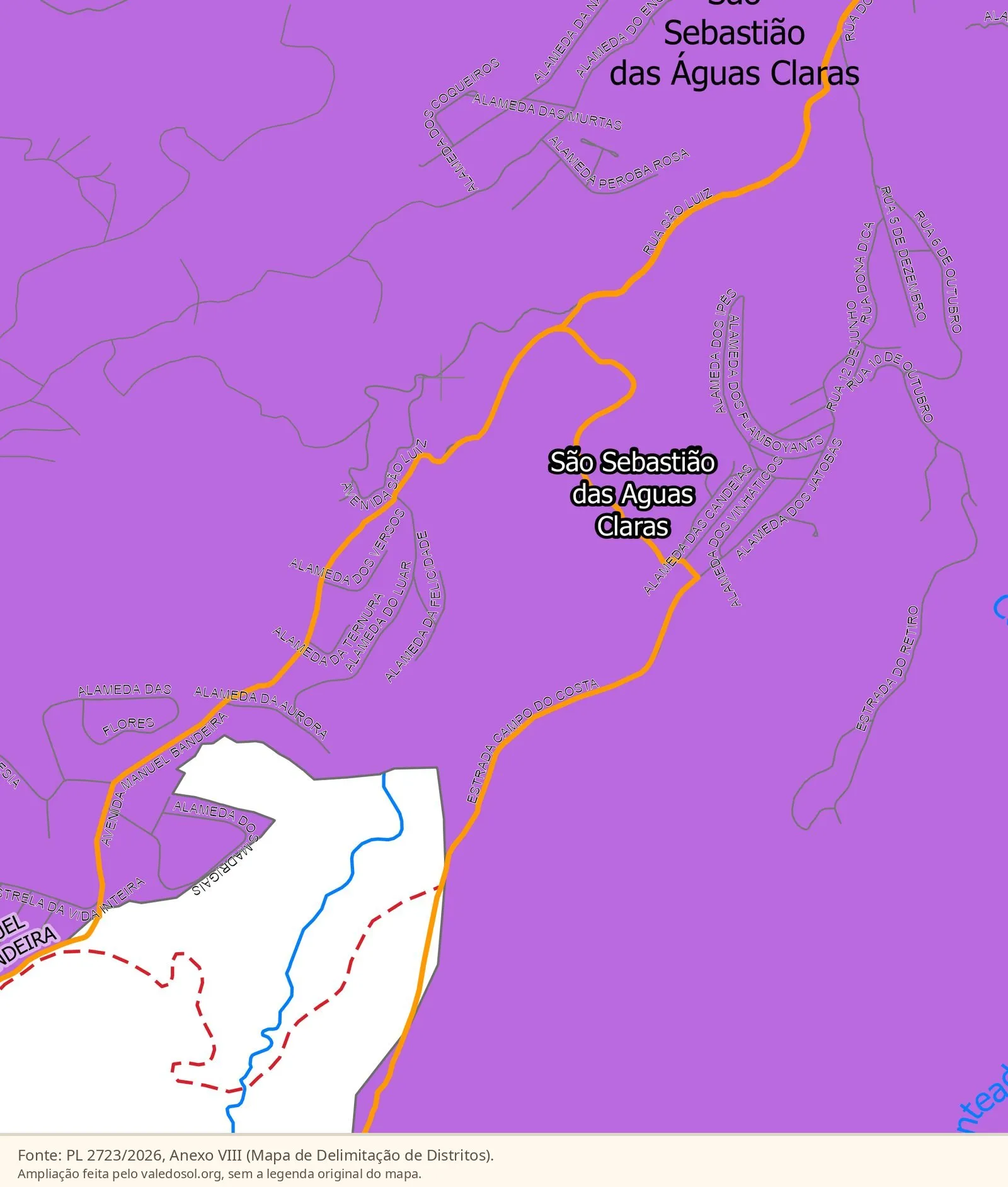 Ampliação do Anexo VIII do PL 2723/2026 a leste de Pasárgada, com a coletora laranja rotulada Estrada Campo do Costa subindo a nordeste até a Alameda das Candeias e a Avenida São Luiz, em São Sebastião das Águas Claras.