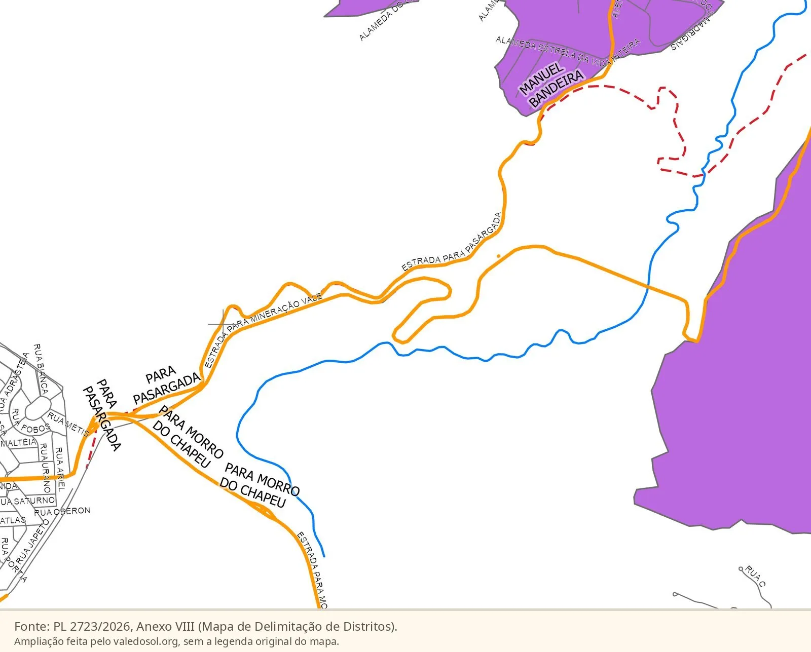 Ampliação do Anexo VIII do PL 2723/2026 a nordeste do Vale do Sol, com a junção das coletoras rotuladas Para Pasárgada, Estrada para Mineração Vale e Para Morro do Chapéu, e o Ribeirão dos Macacos em azul.